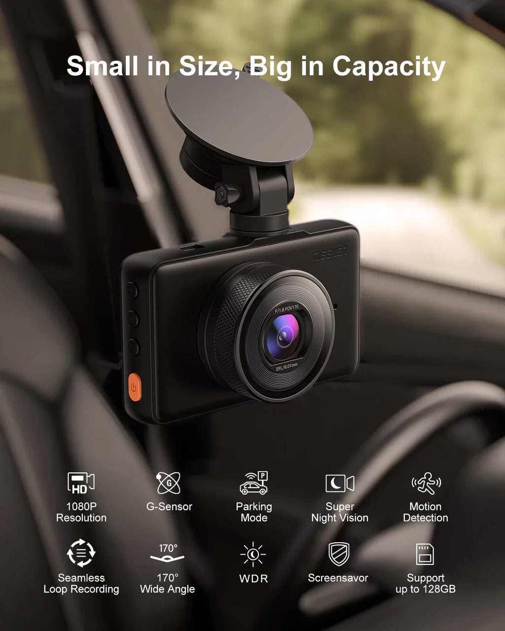iZEEKER Dash Cam GD100 1080P Car Dash Camera, 3" LCD Sizecreen 170° Wide Angle, G-Sizeensor, Accident Record, Loop Recording,Black