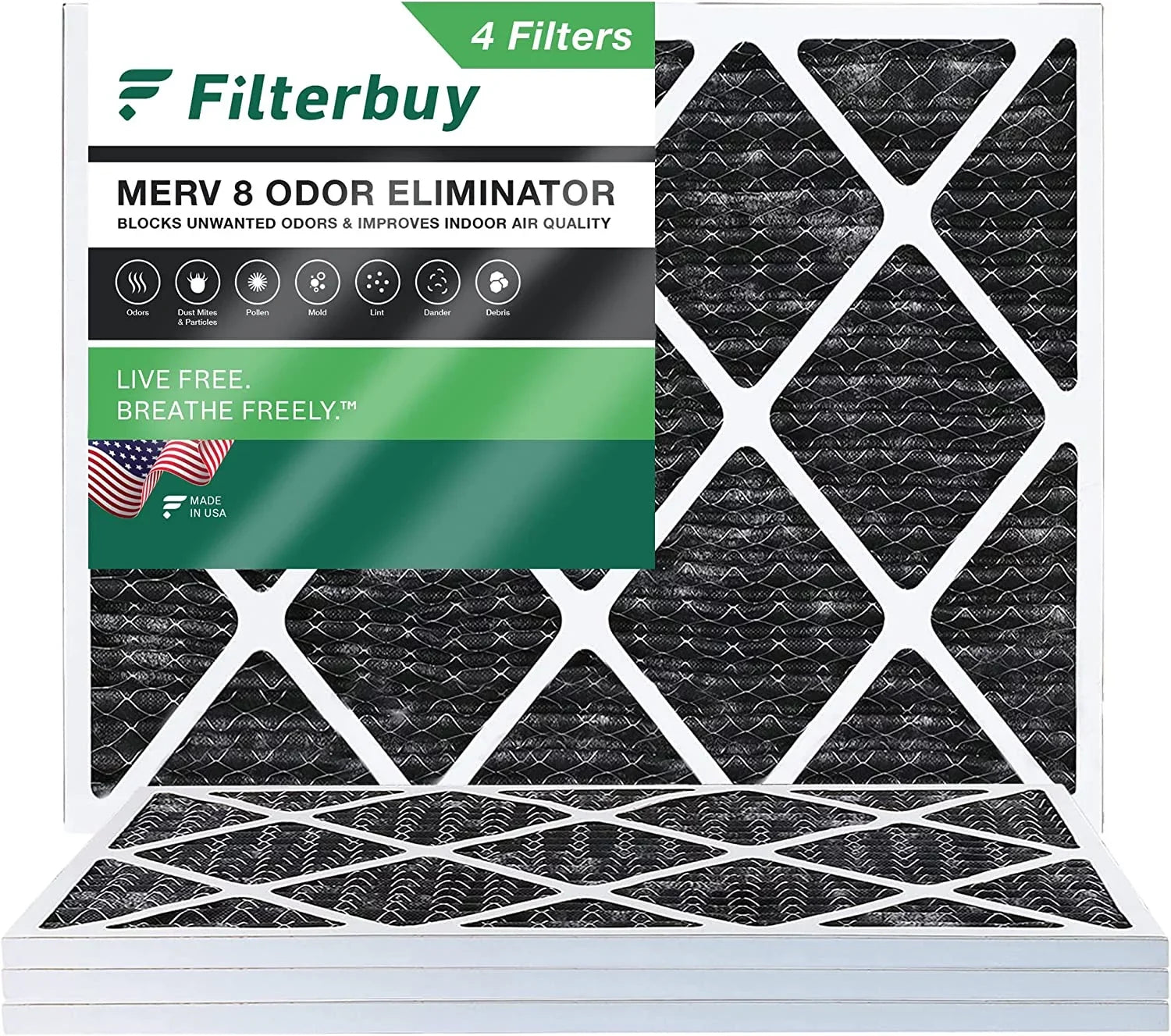 Filterbuy 14x18x1 MERV 8 Odor Eliminator Pleated HVAC AC Furnace Air Filters with Activated Carbon (4-Pack)