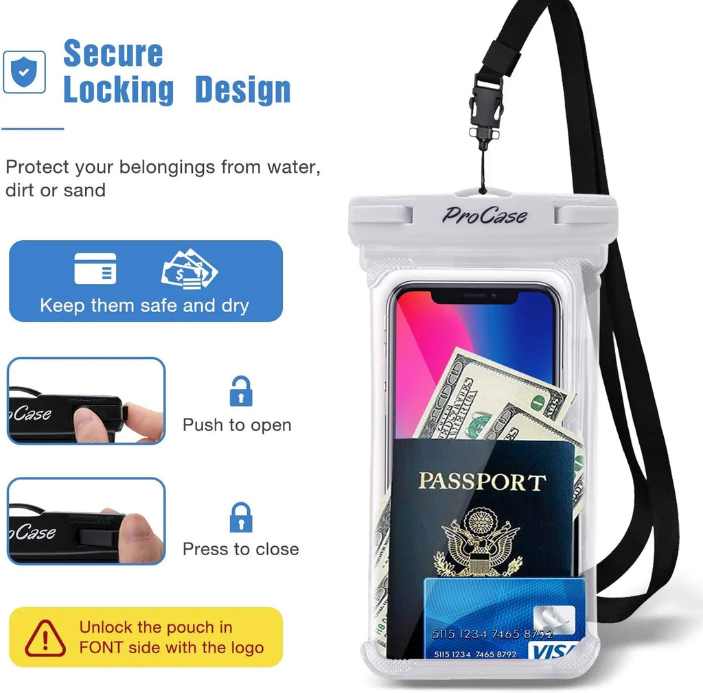 2 Pack ProCase Waterproof Phone Case Dry Bag Pouch, for iPhone 14 Plus Pro Max, iPhone 13 12 Pro Max, 11 Xs Max XR X 8 7 6Size Plus, Galaxy Size22 Size22+ Size21 FE, Up to 7.0 inch -Ivory/Black
