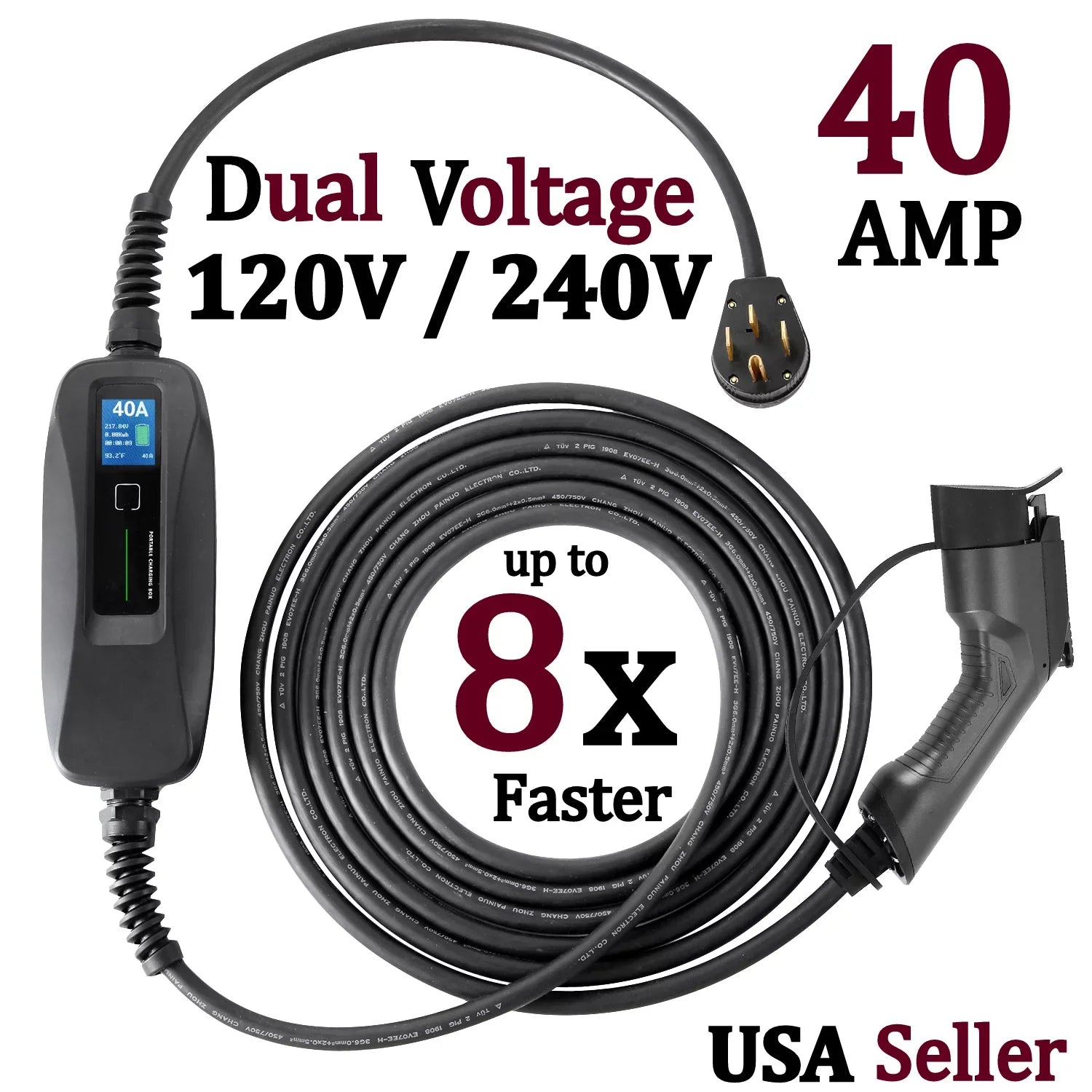 Couplago ,40 AMP (9.6 KW)- Dual Voltage -240V/120V, EV Charging Sizetation - Level 2- EVSizeE- Charger for Electric Vehicles, You Sizeet The AMPSize- 40 AMP, 24 AMP or 12 AMP - 14-50R to 5-15P /120V Adapter