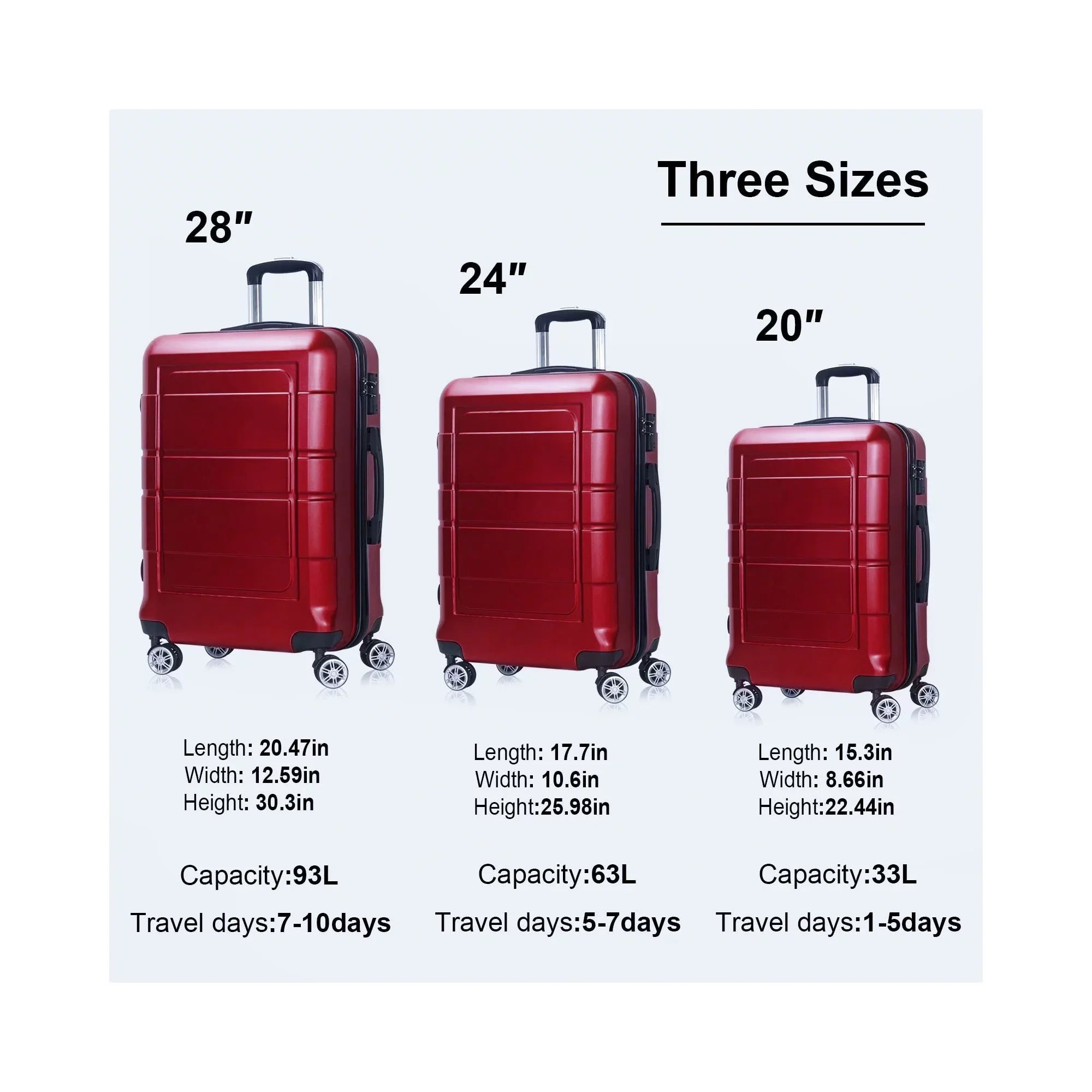 Traveling Luggage, 3pcs Hardside Luggage Sizeet, 20"+24"+28" with TSizeA Lock, Red