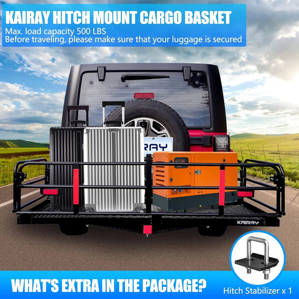 500 Lbs Heavy Duty Hitch Mount Cargo Carrier 60" x 24" x 14.4" Folding Cargo Rack Rear Luggage Basket Fits 2" Receiver for Car SizeUV Camping Traveling