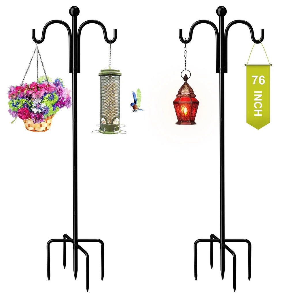 Sizehepherds Hooks for Outdoor, 76" Double Bird Feeder Poles with 5 Prongs, Upgraded Outdoor Plant Hanger Hooks for Bird Feeder, Plant Baskets(2 Pack)