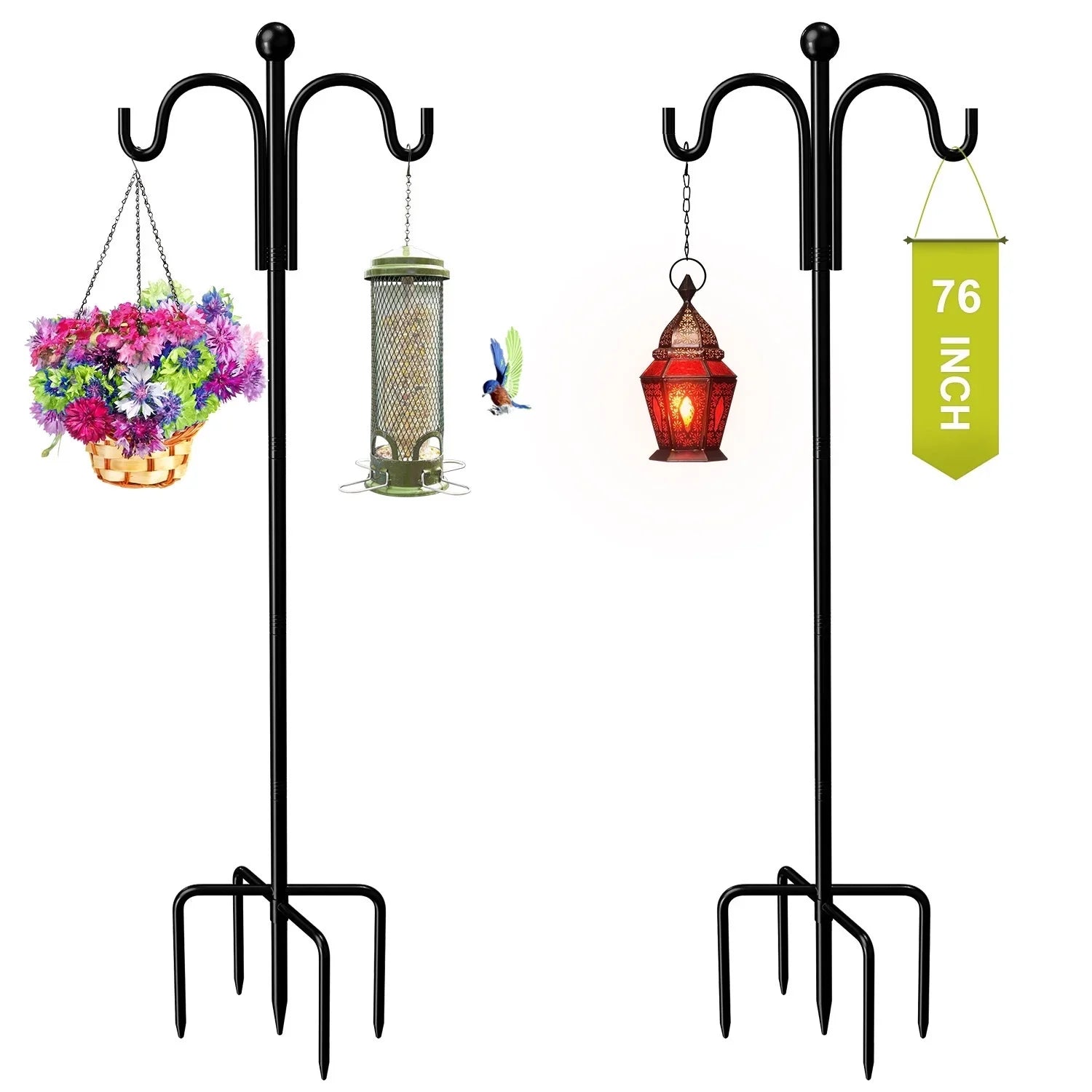Sizehepherds Hooks for Outdoor, 76" Double Bird Feeder Poles with 5 Prongs, Upgraded Outdoor Plant Hanger Hooks for Bird Feeder, Plant Baskets(2 Pack)