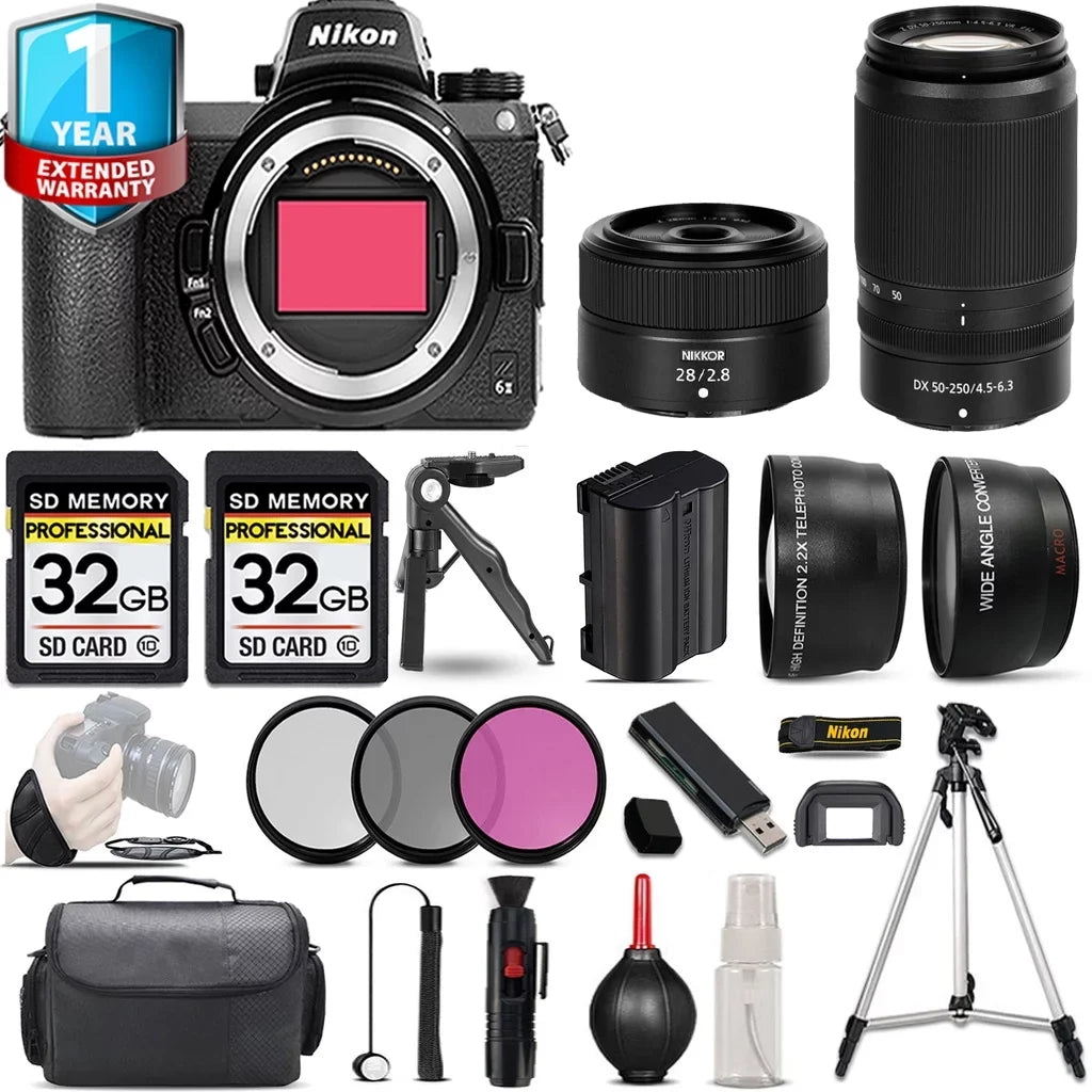 Nikon Z6 II Mirrorless Camera with 50-250mm f/4.5-6.3 VR Lens + 28mm f/2.8 Lens + Handbag + 3 PC Filter Sizeet + 64GB