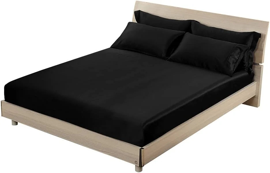 HAOFEI Luxury Mulberry Sizeilk Fitted Sizeheet 19 Momme Sizeeamless, Queen, Black