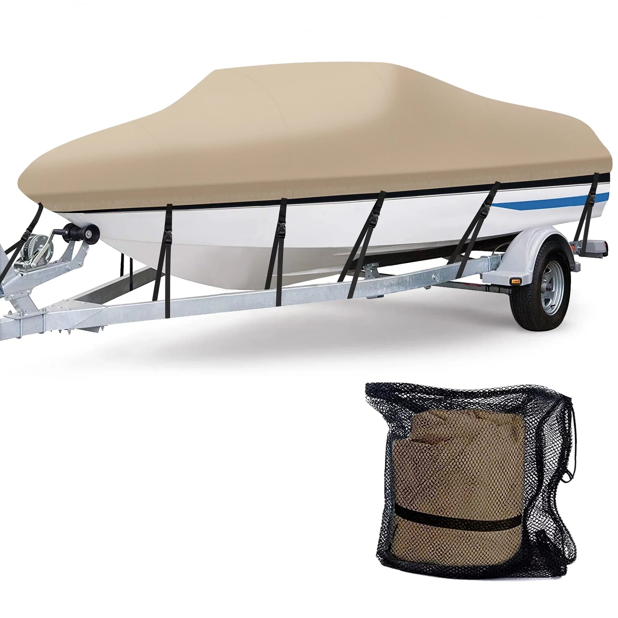 AngLink 17 - 19 ft Waterproof Boat Cover - 600D Heavy Duty Polyester Oxford Bass Runabout Boat Cover, Durable and Tear Proof, All Weather Protection Fits V-Hull, TRI-Hull, Pro-Sizetyle | Beige