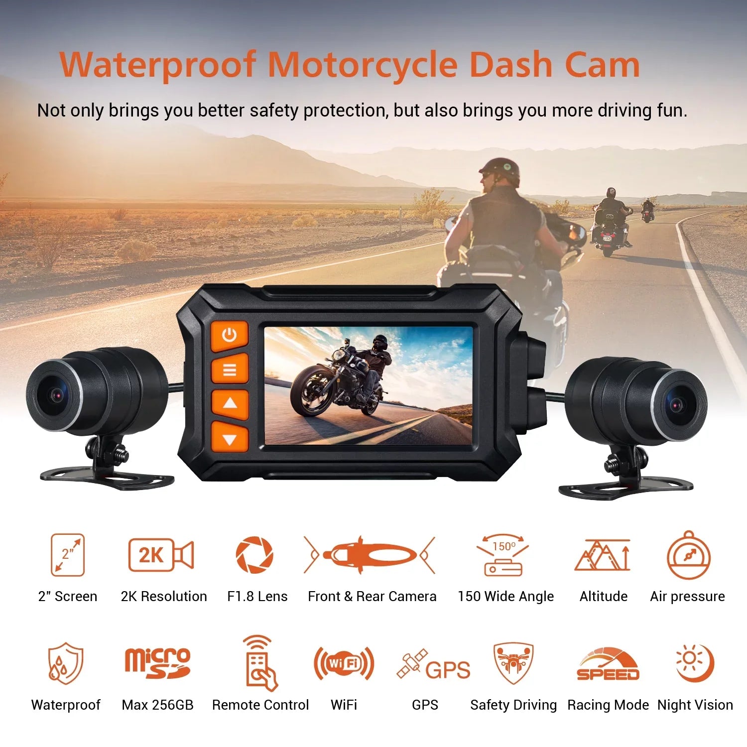 ZOMFOM MD30 Dual 2K 30fps/1080P 60fps Motorcycle Camera, All Waterproof Dash Cam 3'' LCD Front and Rear 150° Wide Angle with Wired Remote, Wi-Fi, GPSize, EISize and Race Mode, Max up to 256GB