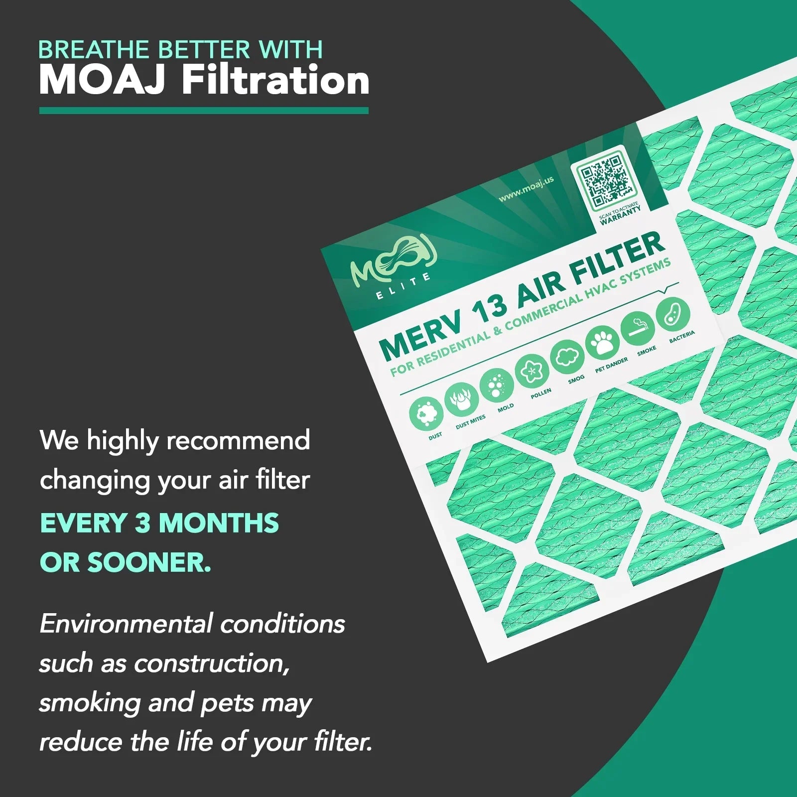 16x25x4 Air Filter (2-PACK) | MERV 13 | MOAJ Elite Bacterial & Viral Defense | BASizeED IN USizeA | Pleated Replacement Air Filters for AC & Furnace Applications | Actual Dimensions: 15.88" x 24.88" x 4.31"