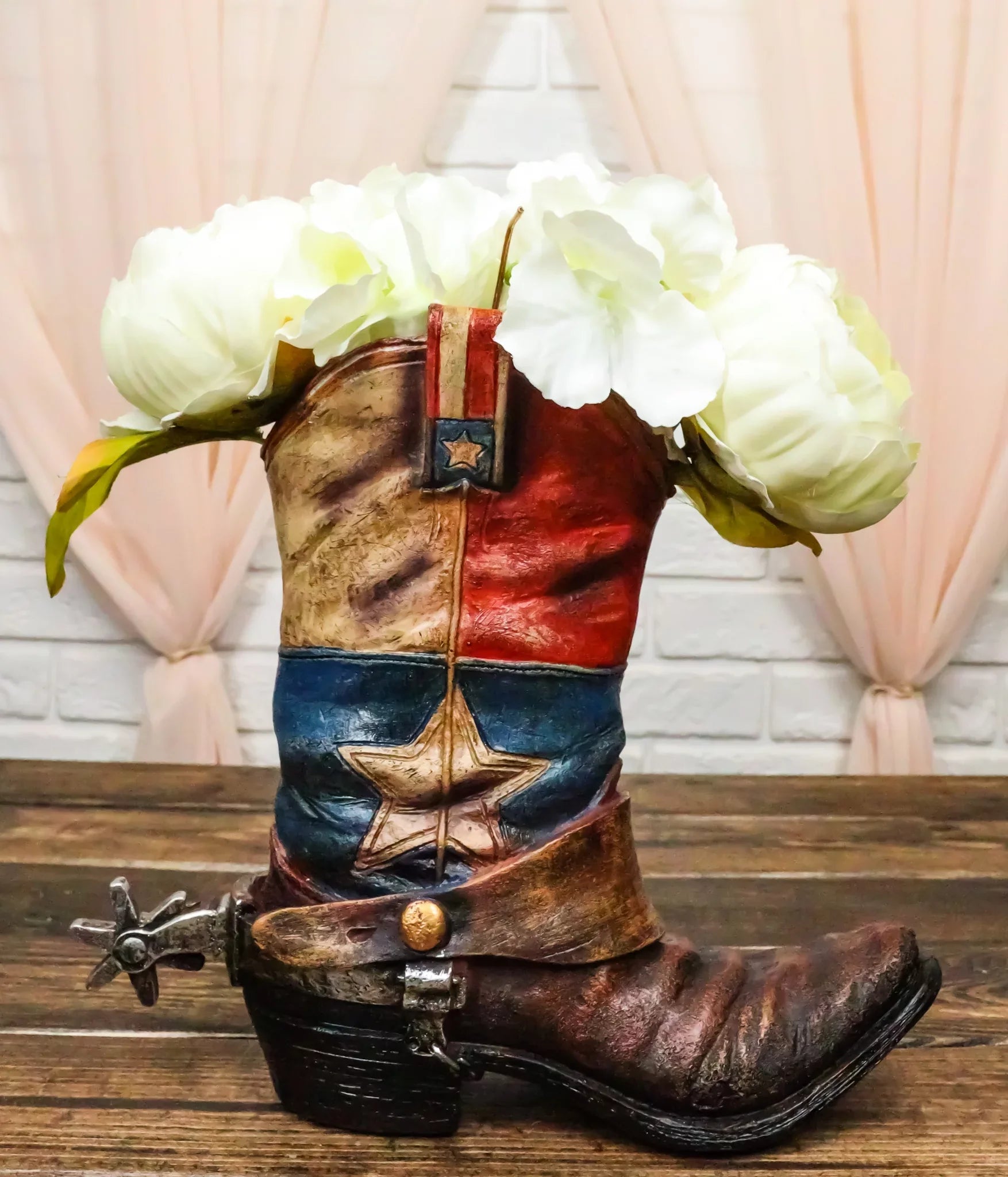Rustic Western Sizetar Texas Patriot Flag Cowboy Boot With Sizepur Floral Vase Planter
