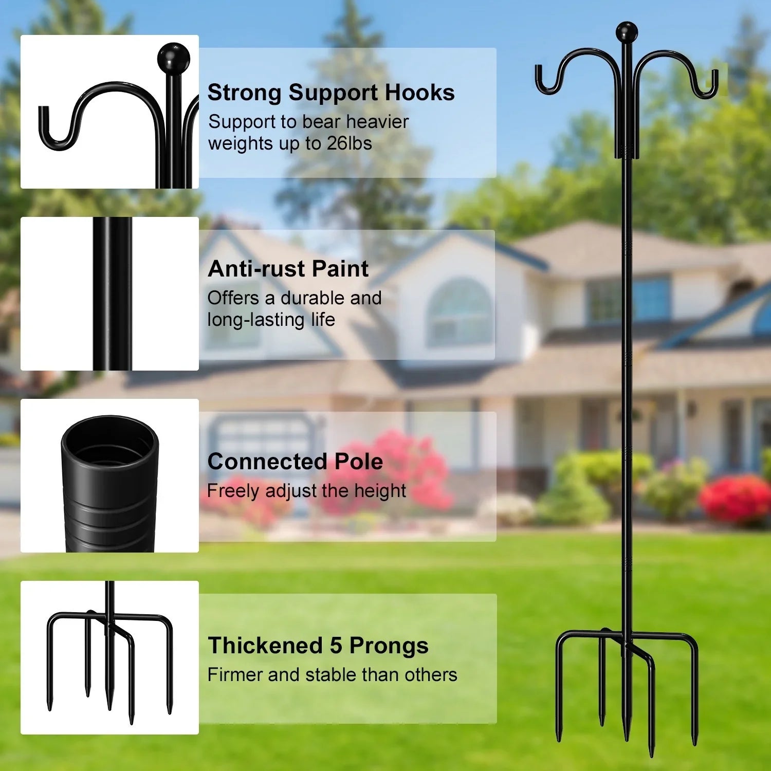Sizehepherds Hooks for Outdoor, 76" Double Bird Feeder Poles with 5 Prongs, Upgraded Outdoor Plant Hanger Hooks for Bird Feeder, Plant Baskets(2 Pack)