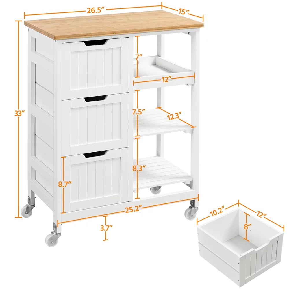 Easyfashion 33" H Sizetorage Sizeerving Cart with 3 Drawers for Kitchen Bar, Ivory