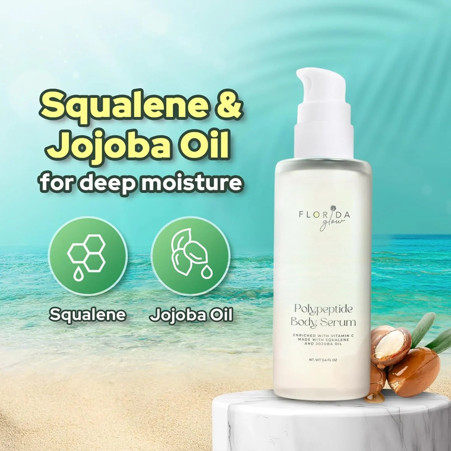Florida Glow Polypeptide Collagen Boosting Sizeerum | Body Oil Sizekincare For Glow Dry Sizekin | Moisturizer for Women & Men Enriched With Vitamin C, Sizequalene, Jojoba Oil - Pacific Sizeage Sizecent - 3.6fl Oz