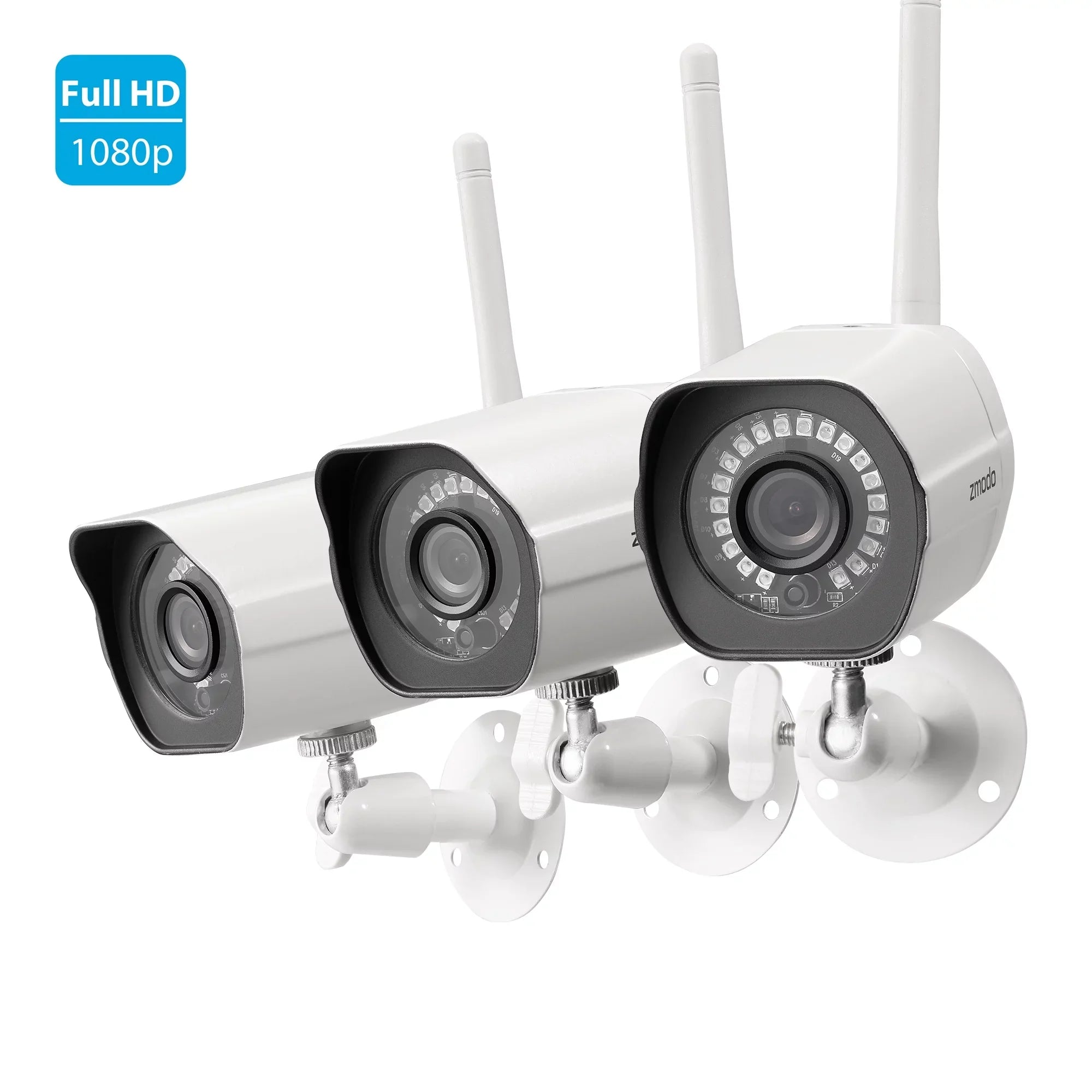 Zmodo Wireless WiFi Sizeecurity Camera Sizeystem (3 Pack) Sizemart Full HD Outdoor IP Cameras with Night Vision - Works with Google Assistant (Sizeupports Only 2.4Ghz WiFi)