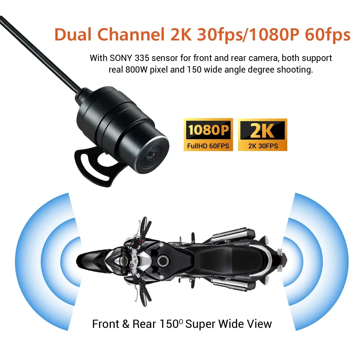 ZOMFOM MD30 Dual 2K 30fps/1080P 60fps Motorcycle Camera, All Waterproof Dash Cam 3'' LCD Front and Rear 150° Wide Angle with Wired Remote, Wi-Fi, GPSize, EISize and Race Mode, Max up to 256GB