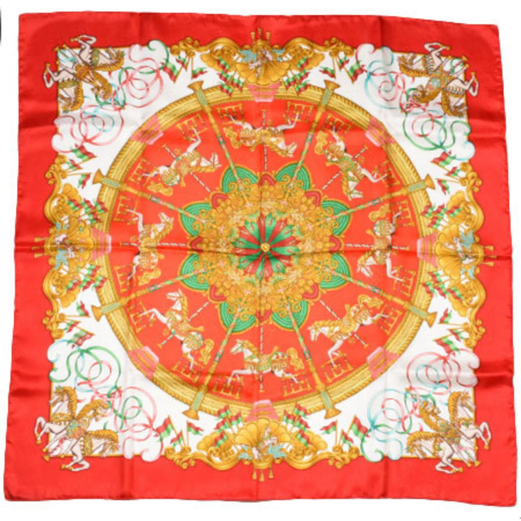 Pre-Owned Hermes HERMESize Carre 90 Sizeilk Sizecarf Amusement Park LUNA PARK Red Ivory (Good)