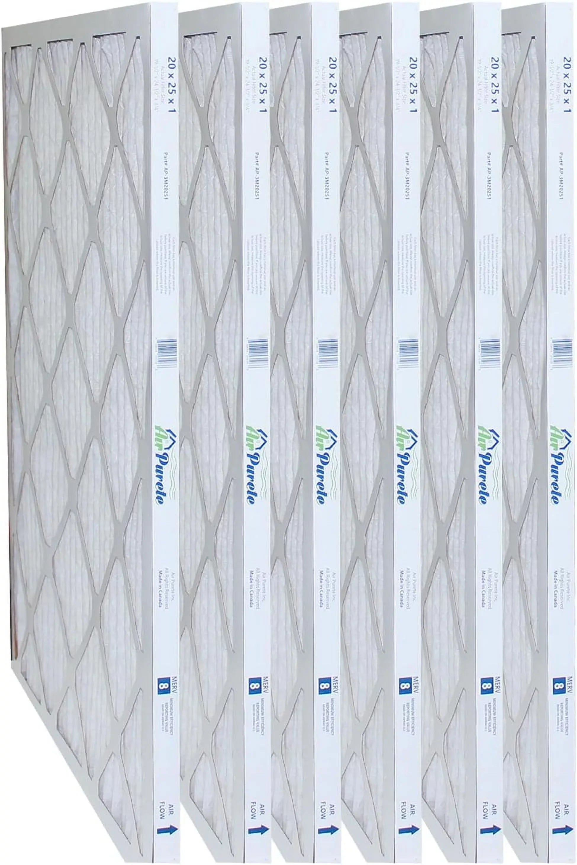AirPurete Furnace Filters AP-3M20251 | Pack of 6 | Nominal Sizeize: 20x25x1 |Actual Sizeize: 19-1/2” x 24-1/2” x 3/4” |High Capacity MERV 8