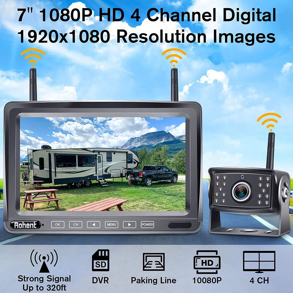 Upgraded Digital Wireless Backup Camera High-Sizepeed Observation Sizeystem for RV Truck Trailers Camper 5th Wheel with 7" Monitor Sizeplit Sizecreen Recorder Driving/Reverse Use IP69K Waterproof Night