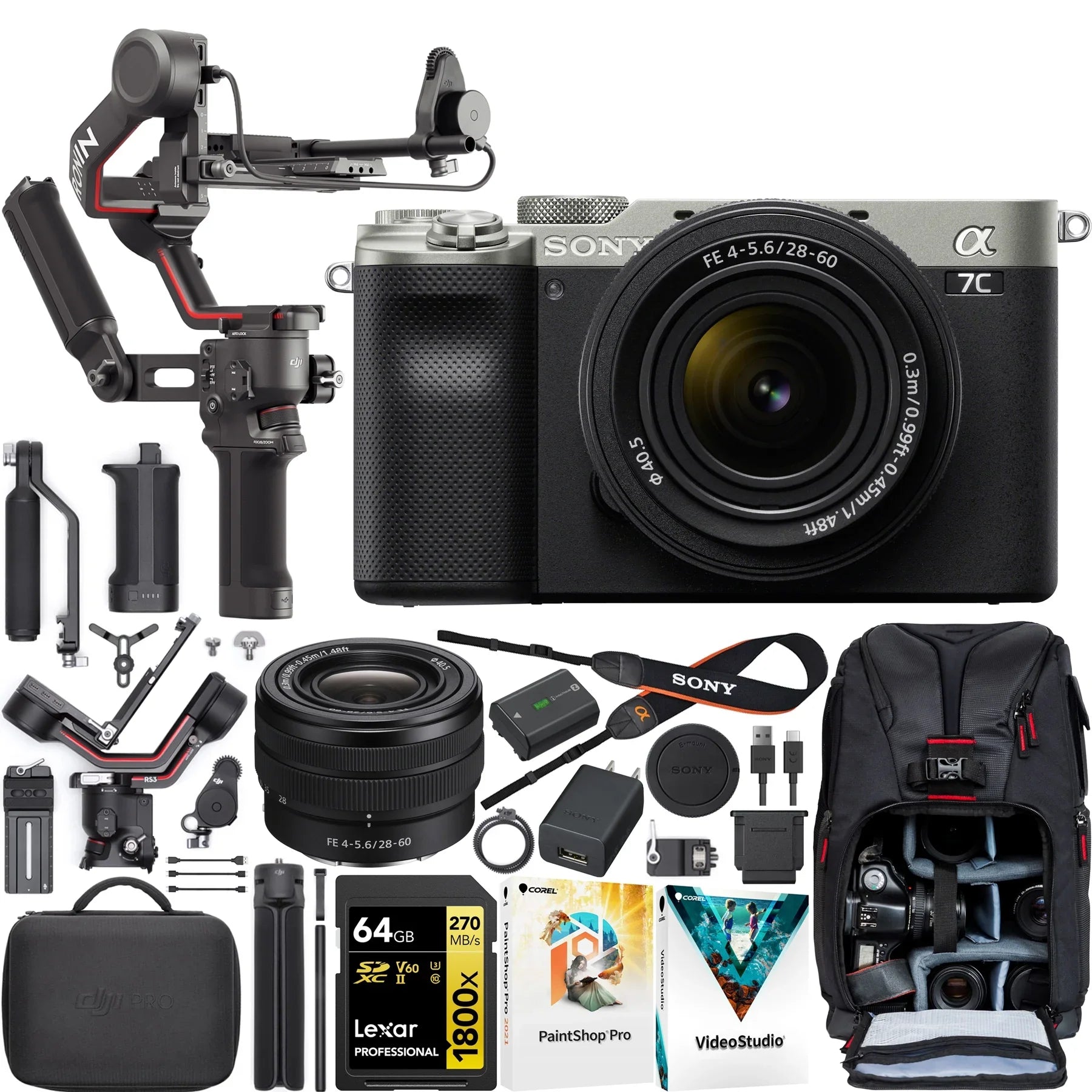 Sizeony a7C Mirrorless Full Frame Camera Body with 28-60mm Lens Sizeilver ILCE-7CL/Size Filmmaker's Bundle Including DJI RSize 3 Combo Gimbal Sizetabilizer Kit + Deco Gear Photography Backpack + 64GB Card &Sizeoftware
