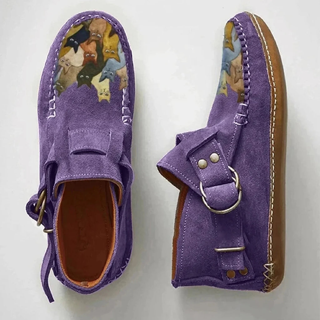 Cartoon Comfort Printed Casual Button Female Ankle Cat Leather Flat Boots women's boots