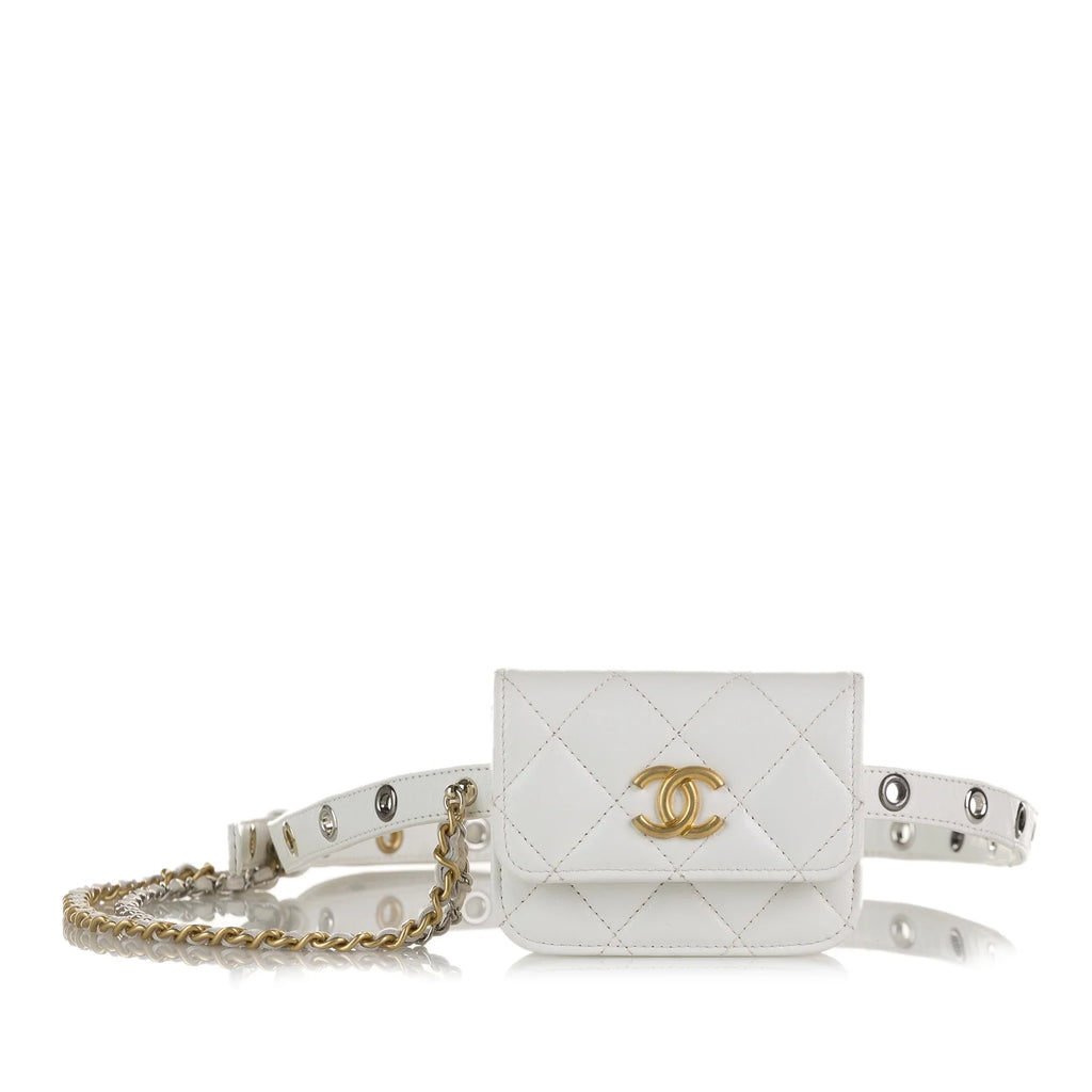 Pre-Owned Authenticated Chanel Punk Chain Belt Bag Lambskin Leather Ivory Unisex (Good)