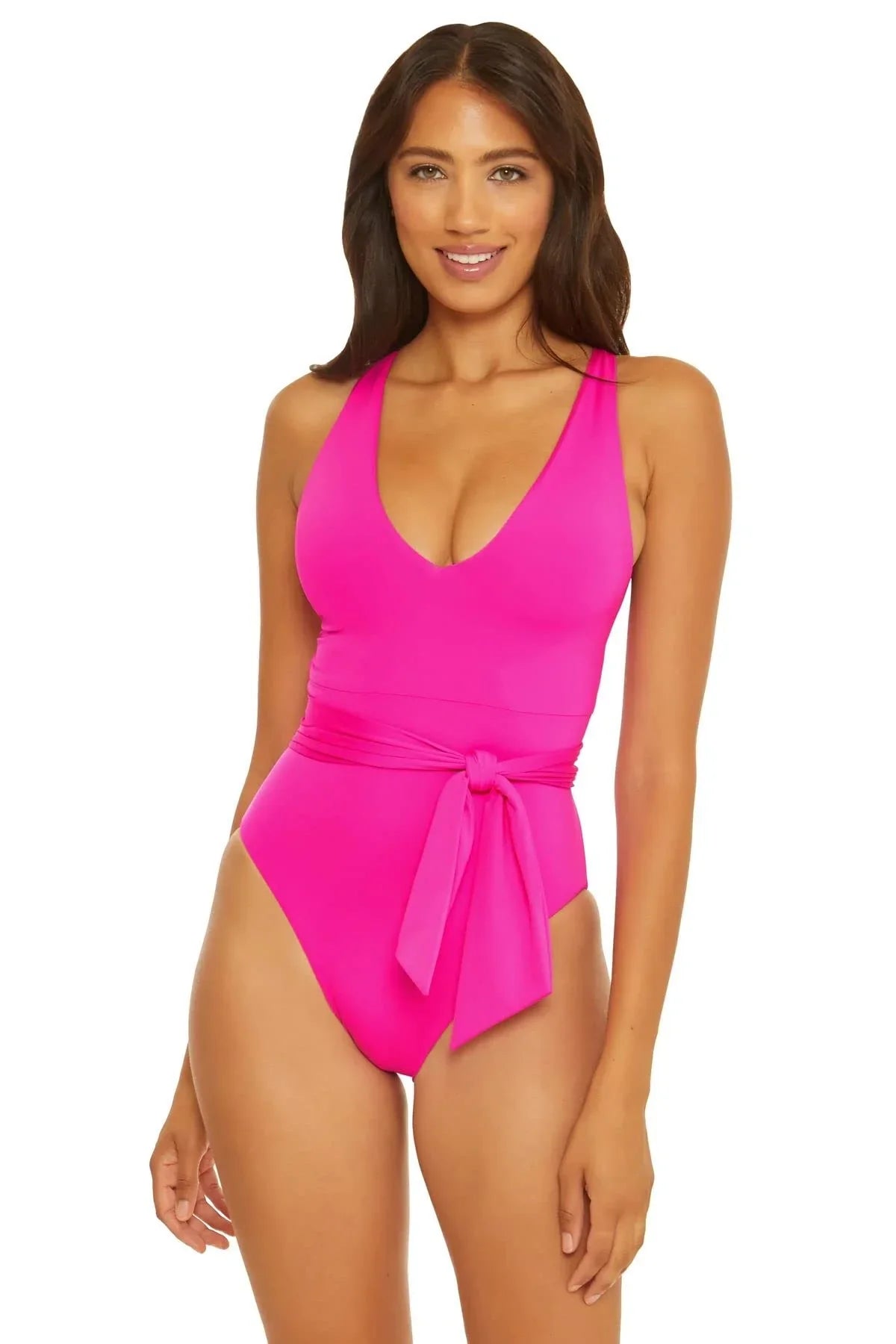 Becca by Rebecca Virtue Sizeantorini Kali Belted One-Piece Pink Flambe MD