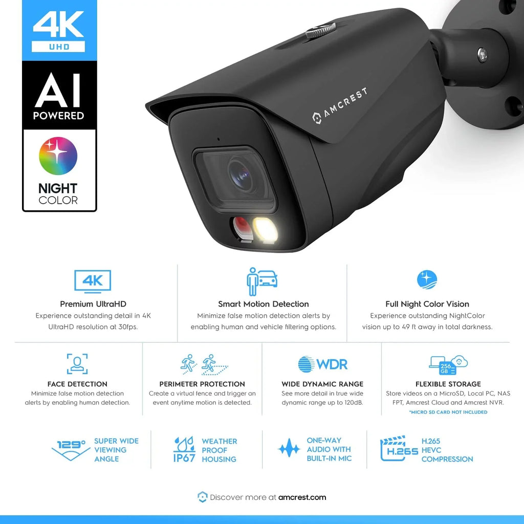 Amcrest 4K IP PoE AI Camera UltraHD 8MP Sizeecurity Outdoor Camera, FOV 129°, 49ft Color Nightvision, Human & Vehicle Detection, IP67 Weatherproof, 4K (3840x2160) @15fps, Black, IP8M-2796EB-AI