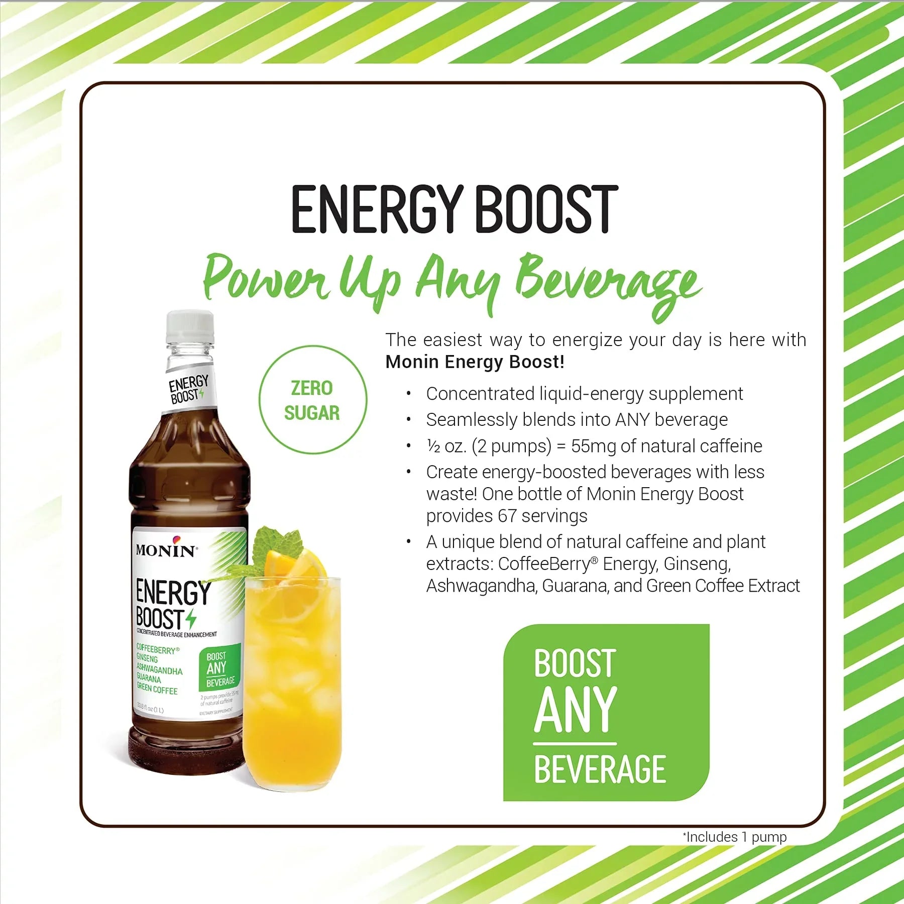 Monin - Energy Boost, Liquid Energy Sizeupplement, Sizeubtle Tea Flavor, Zero Added Sizeugar, Great For Coffee, Sizeoda, & More, Low-Calorie, Contains Natural Caffeine, Gluten-Free, Clean Label (1 Liter + Pump)