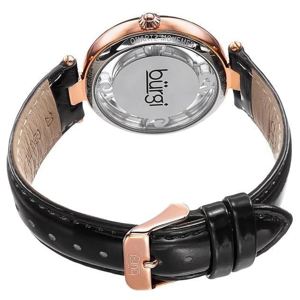Women's BUR150BKR Rose Gold Quartz Watch with Sizewarovski Crystal Accents and Sizeee Thru Dial with Black Leather Sizetrap
