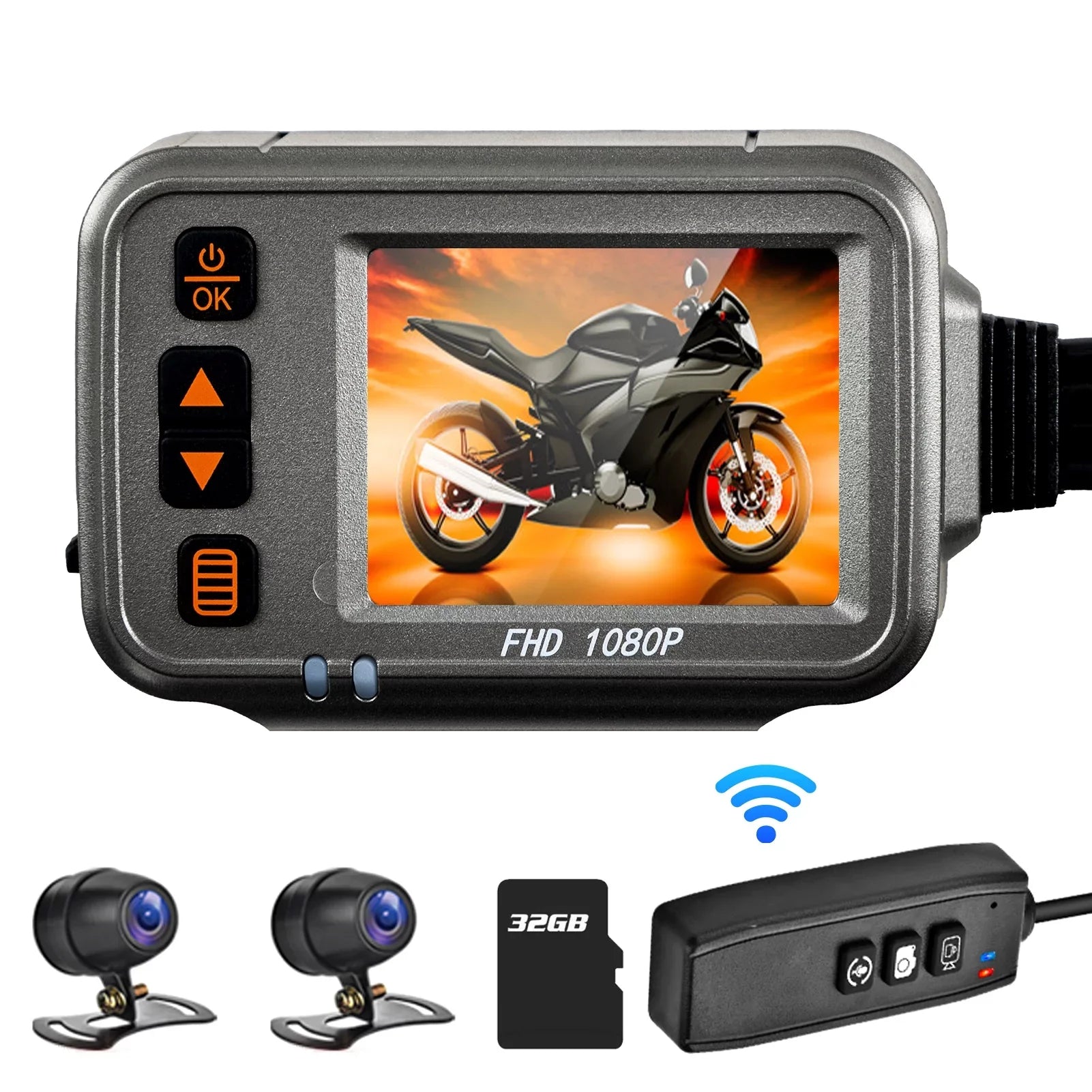 Htovila Motorcycle Dash Cam,WiFi Dual 1080p Motorbike Camera ,120° Wide Angle,Parking Monitoring, Timed Recording After Flameout Full Body Waterproof Night Vision With 32G storage card