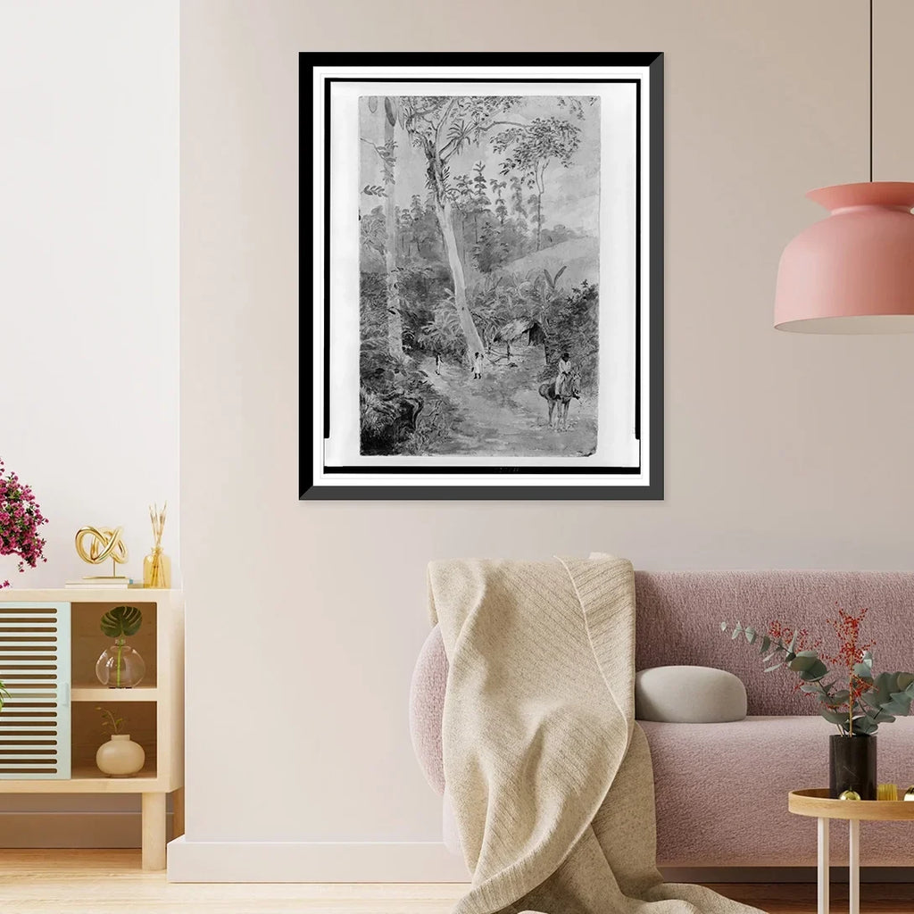 Historic Framed Print, Plantain Walk - Bookkeeper - Watchman and Hut - man with casks of water.greattoe in stirrup, 17-7/8" x 21-7/8"
