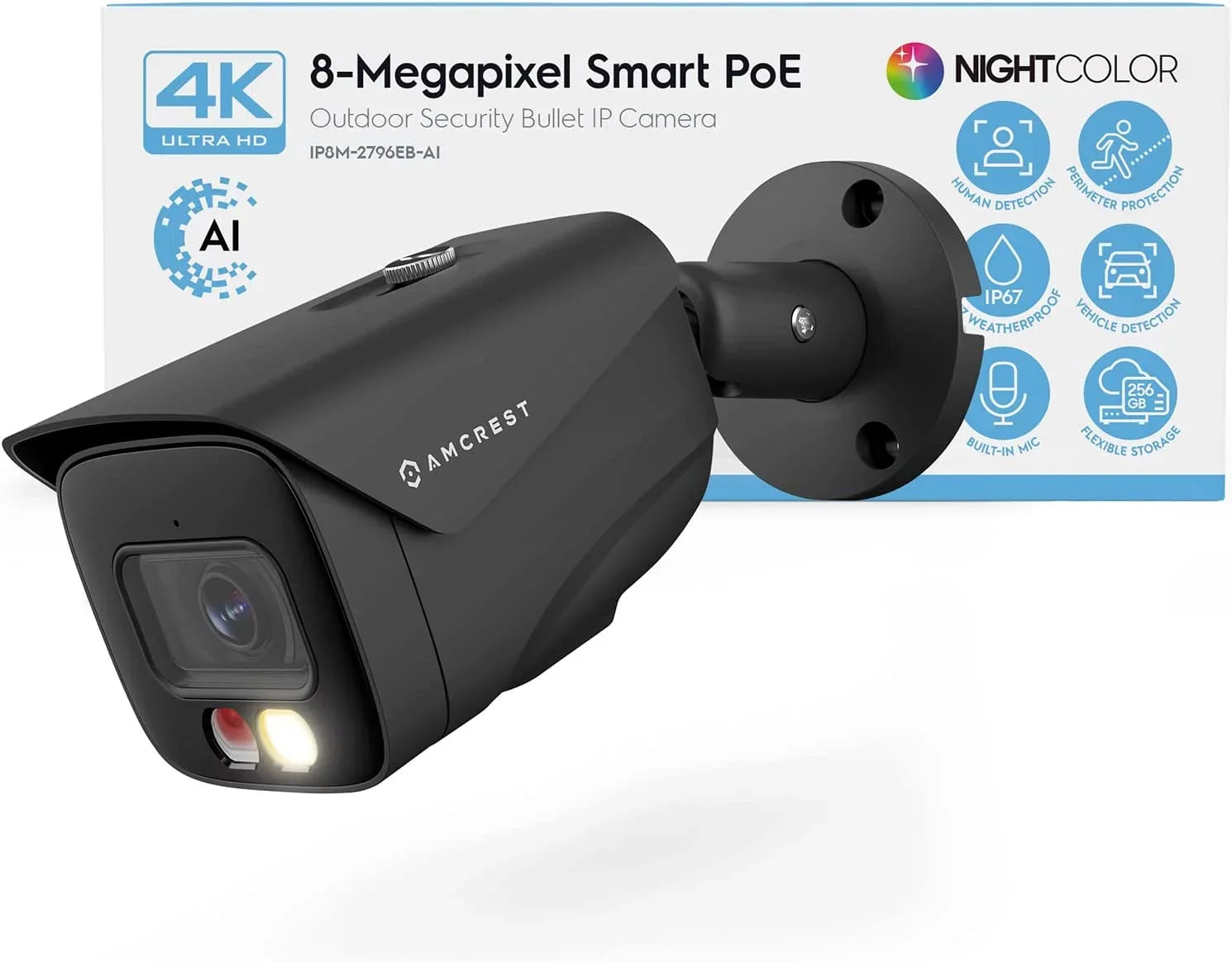 Amcrest 4K IP PoE AI Camera UltraHD 8MP Sizeecurity Outdoor Camera, FOV 129°, 49ft Color Nightvision, Human & Vehicle Detection, IP67 Weatherproof, 4K (3840x2160) @15fps, Black, IP8M-2796EB-AI