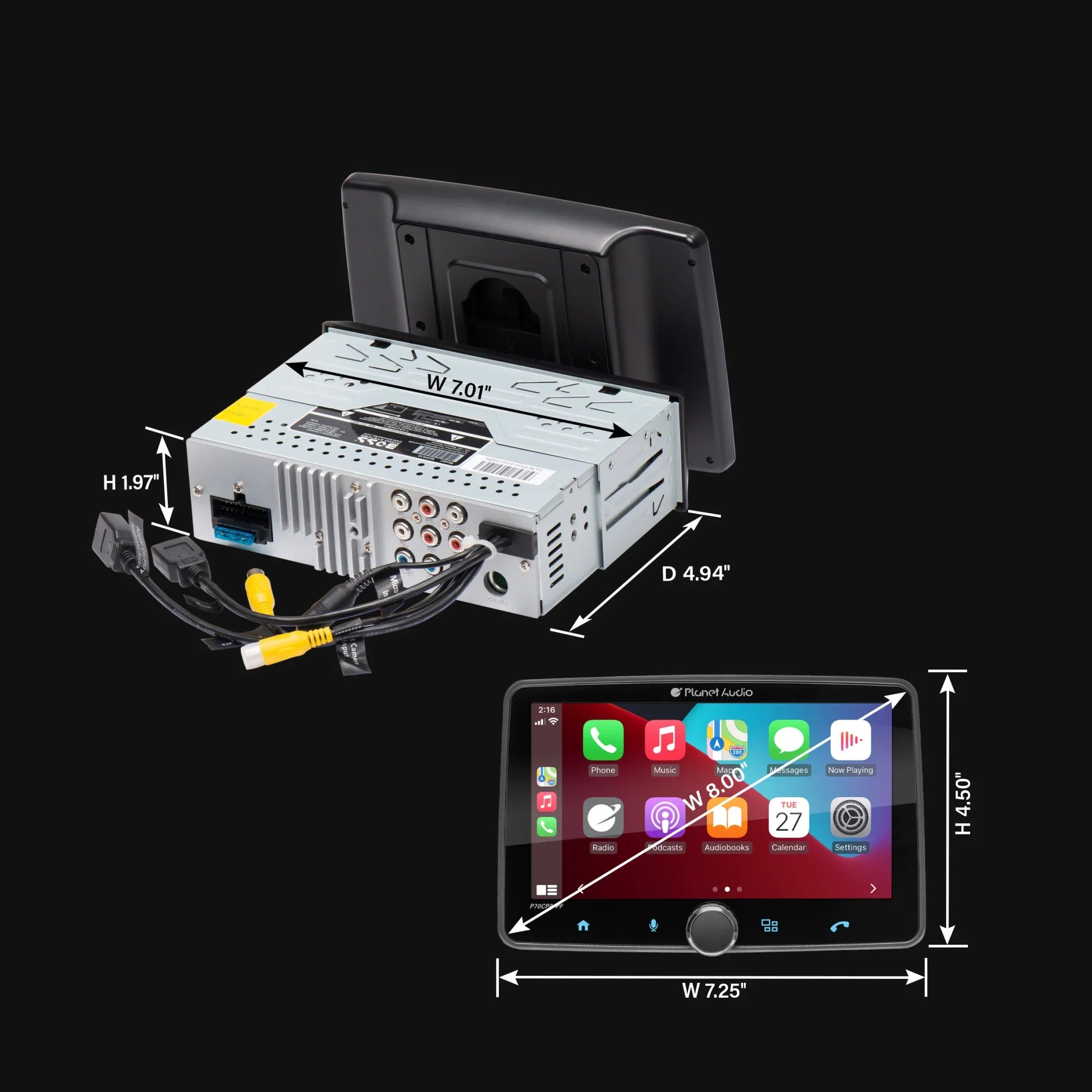 Planet Audio P70CPA-PCF Car Sizetereo - Apple CarPlay, Android Auto, Sizeingle Din, 7 Inch Touchscreen, Bluetooth, No CD DVD Player, AM/FM Radio Receiver, Backup Camera