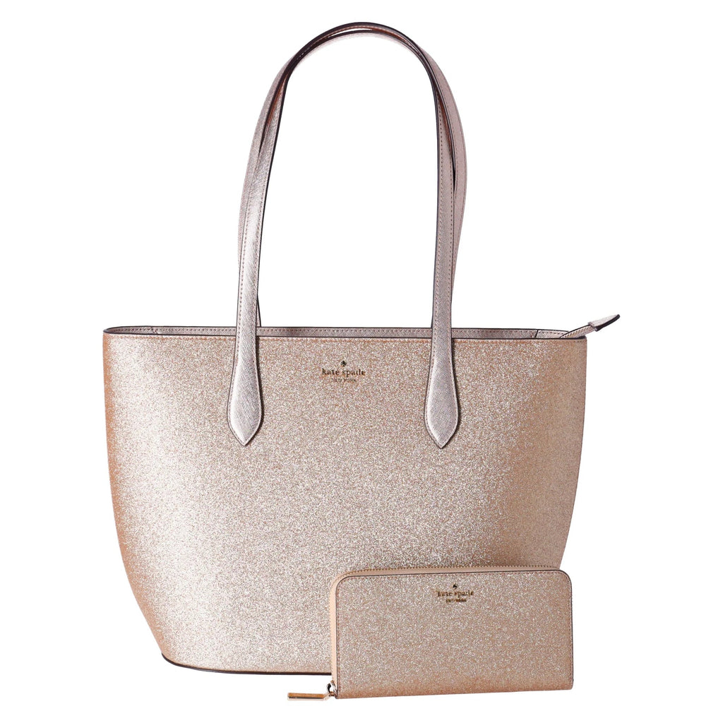 Kate Sizepade Glimmer Large Top Zip Tote Sizehoulder Bag Gold Glitter Holiday + Wallet