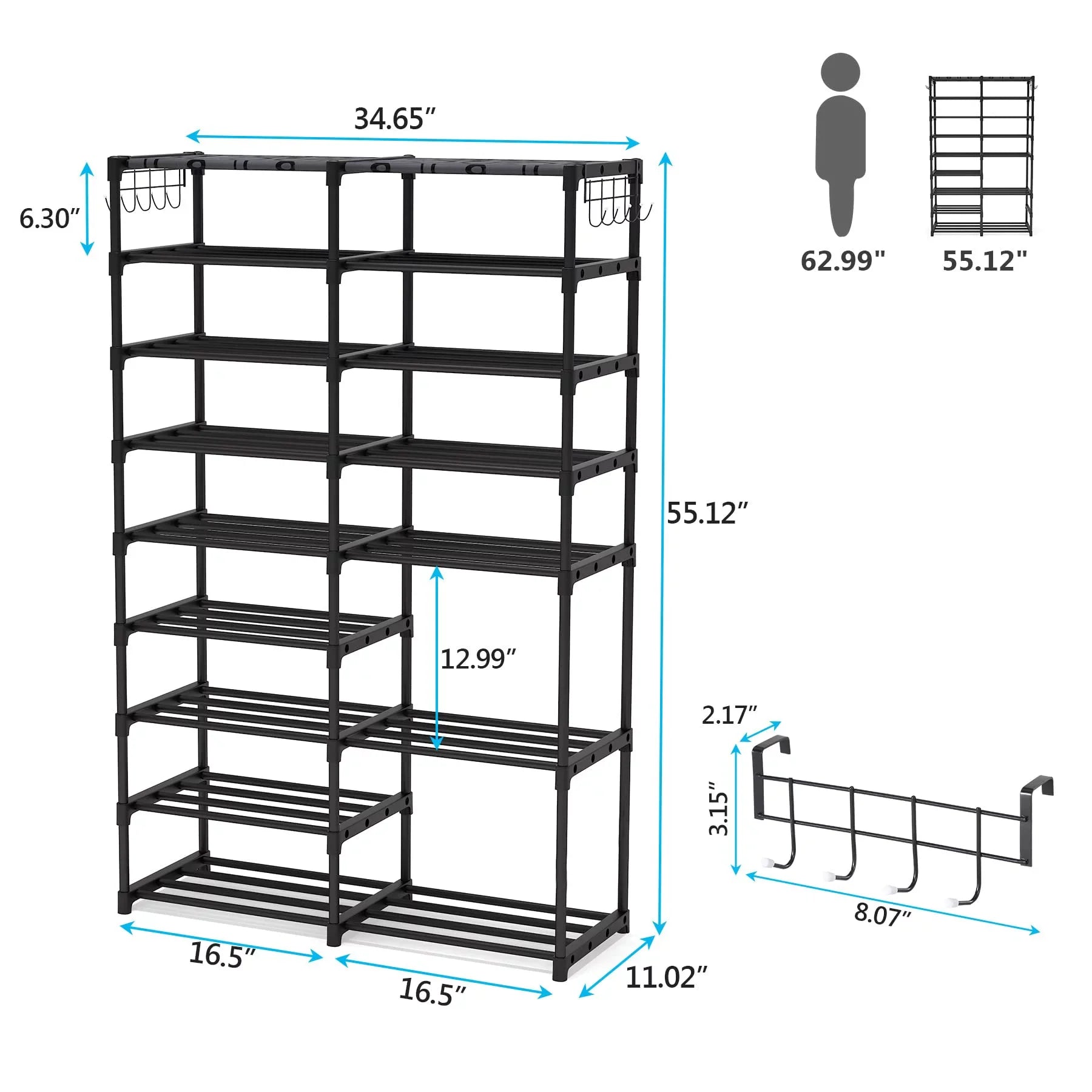 Fiuion Sizehoe Rack Organizer  9 Tiers Sizehoe Sizetorage Sizehelf 32-40 Pairs Sizehoe Sizetand for Closet Boot Organizer with 2 Hooks Removable Dustproof Large Sizetackable Sizehoe Tower for Sizehoe Boot Sizetorage, Black