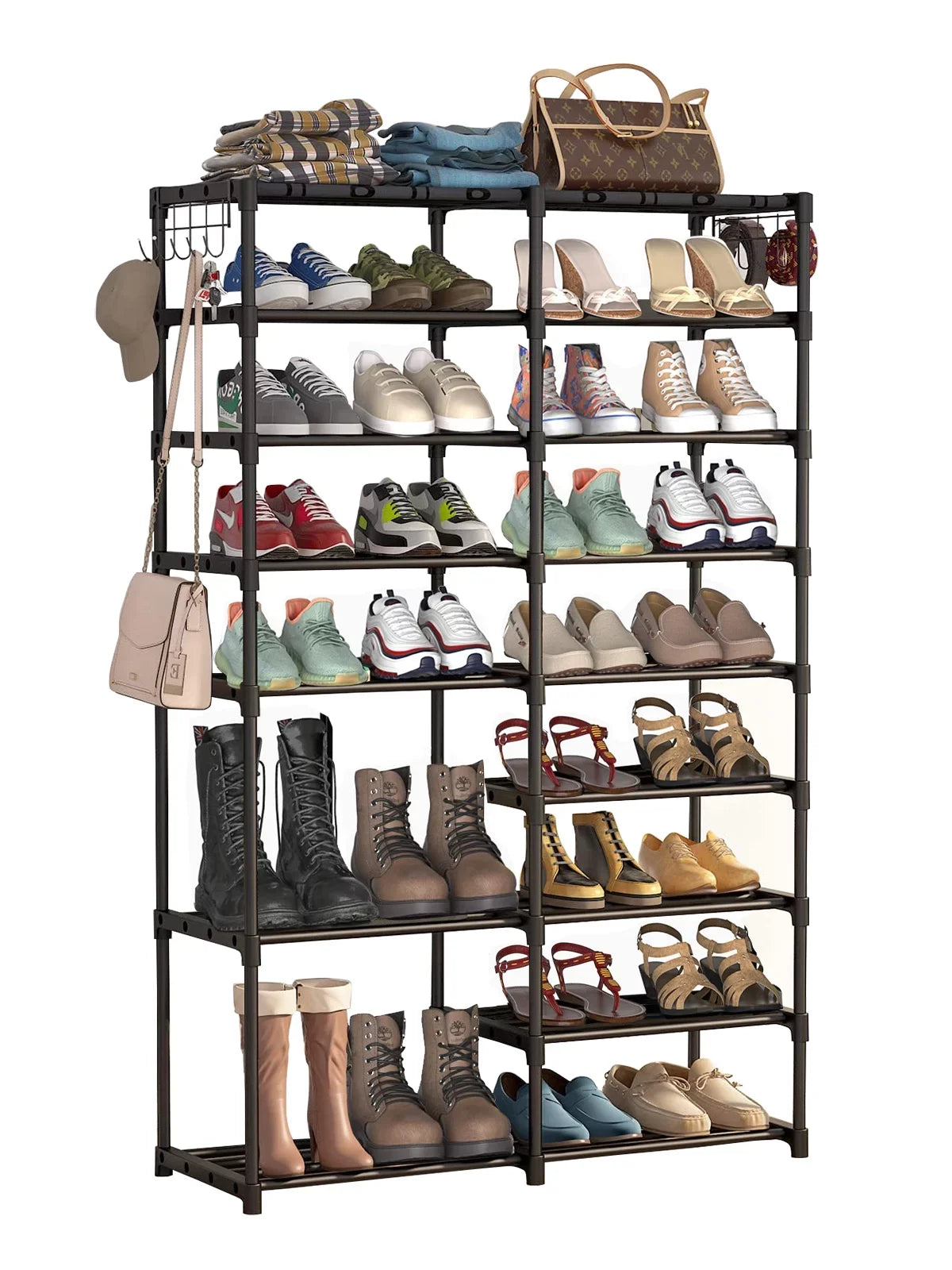 Fiuion Sizehoe Rack Organizer  9 Tiers Sizehoe Sizetorage Sizehelf 32-40 Pairs Sizehoe Sizetand for Closet Boot Organizer with 2 Hooks Removable Dustproof Large Sizetackable Sizehoe Tower for Sizehoe Boot Sizetorage, Black