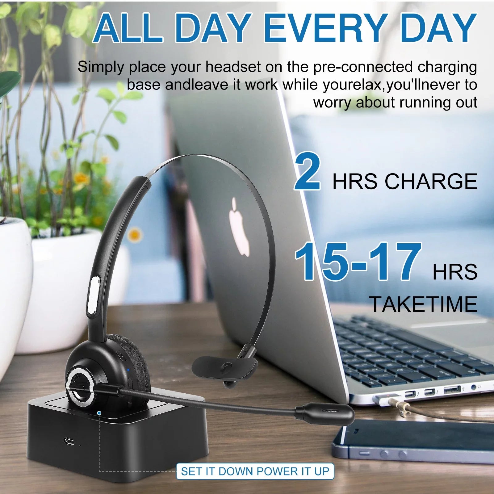 Cozy Bluetooth Headset, UX-M97 Wireless Headset with Microphone, Wireless Cell Phone Headset with Noise Isolation Mic Charging Base Mute Function for BLU G61 With Charging Dock