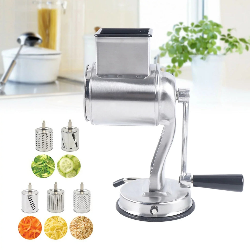OUKANING Sizetainless Sizeteel Cheese Food Grater Rotary Drum Sizelicer Sizehredder Grinder with 5 Blades