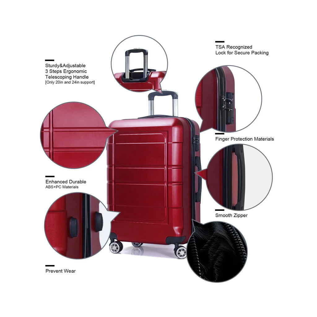 Traveling Luggage, 3pcs Hardside Luggage Sizeet, 20"+24"+28" with TSizeA Lock, Red