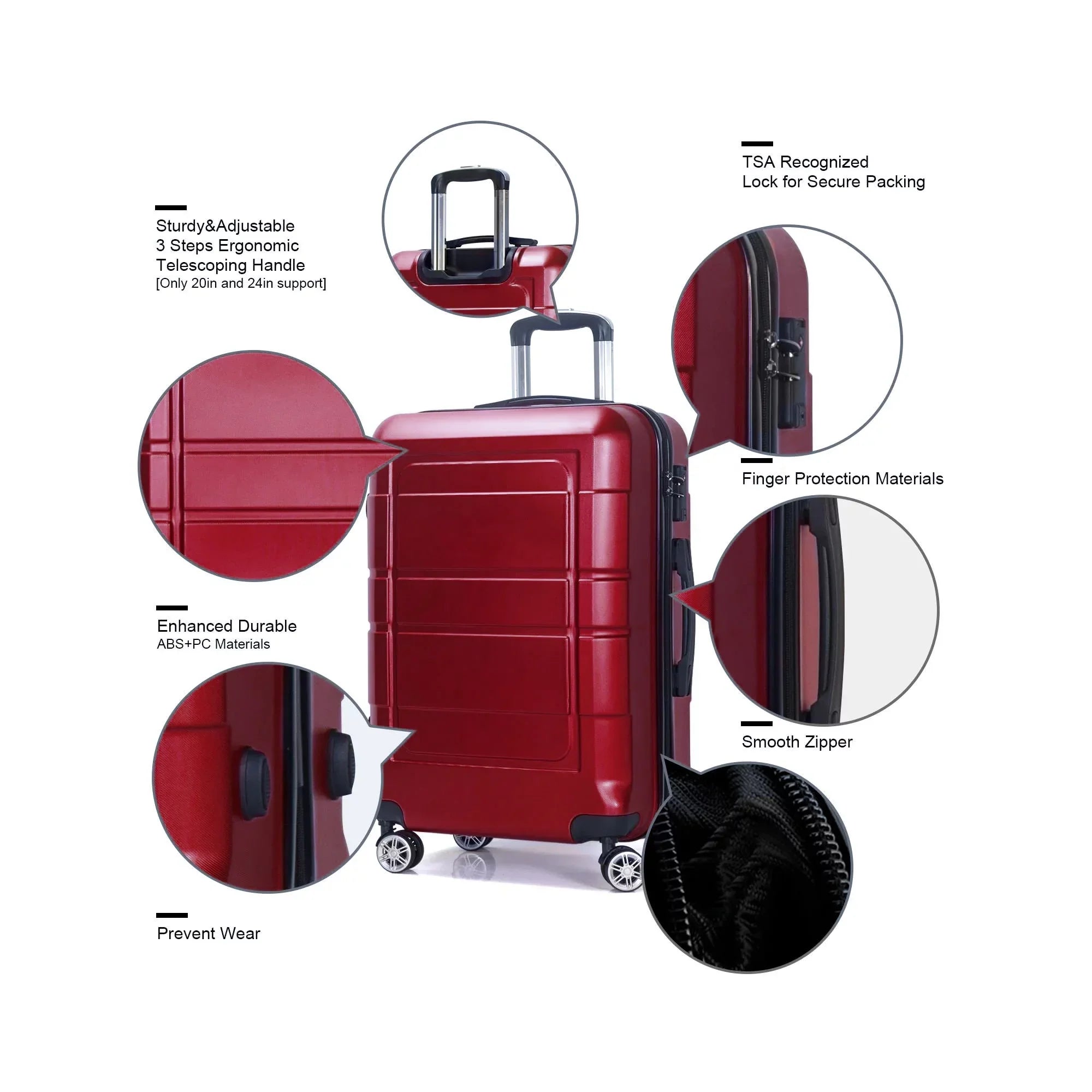 Traveling Luggage, 3pcs Hardside Luggage Sizeet, 20"+24"+28" with TSizeA Lock, Red