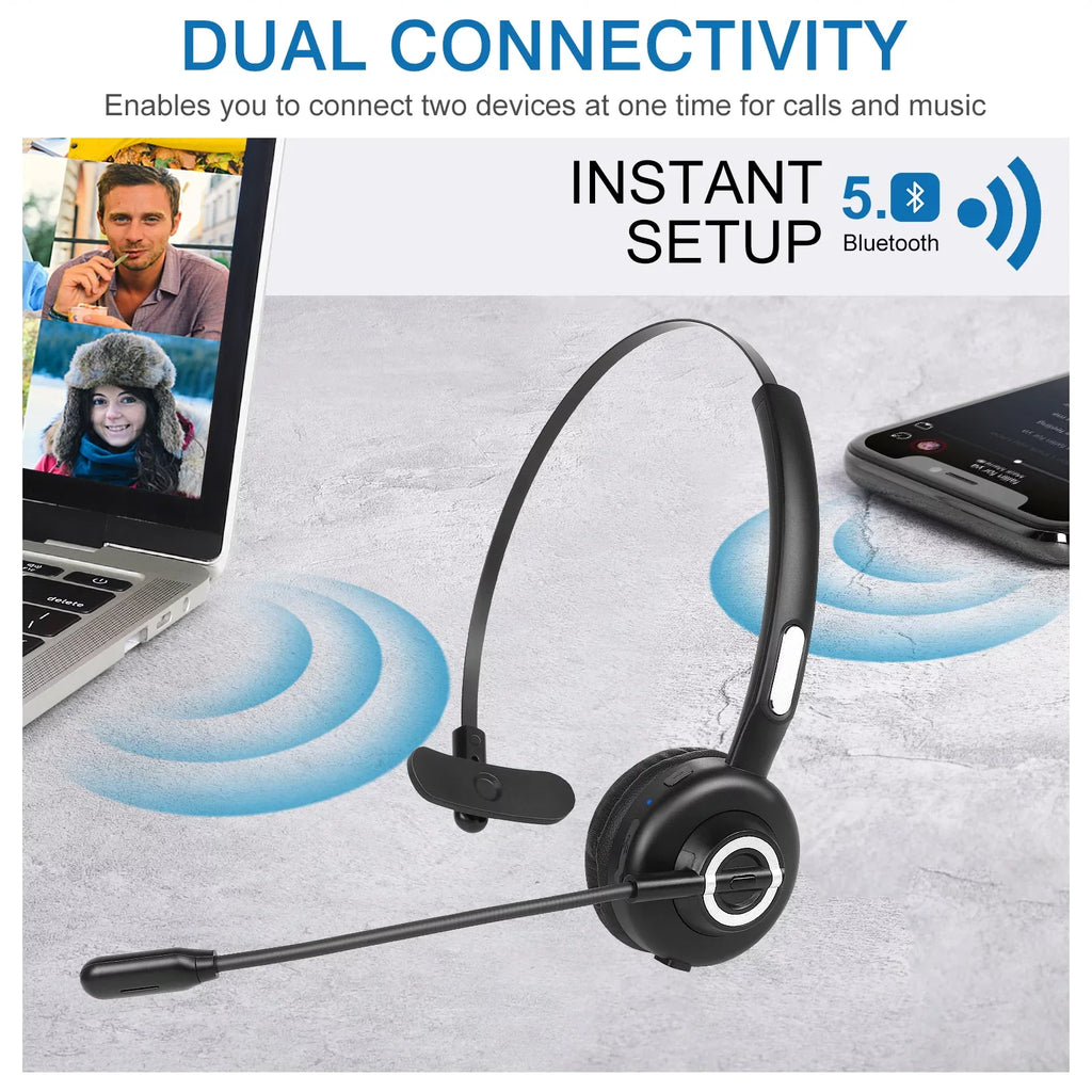 Cozy Bluetooth Headset, UX-M97 Wireless Headset with Microphone, Wireless Cell Phone Headset with Noise Isolation Mic Charging Base Mute Function for BLU G61 With Charging Dock