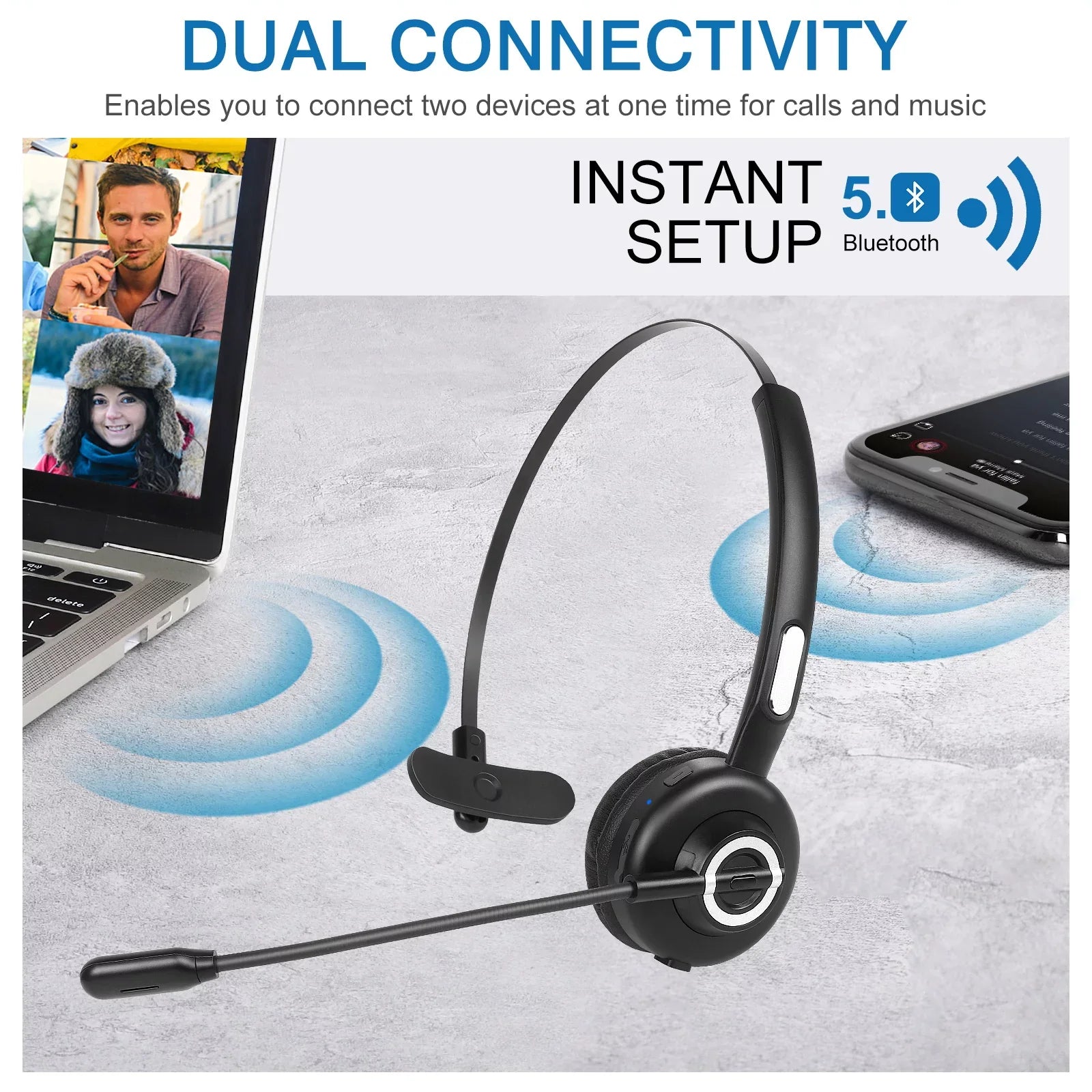 Cozy Bluetooth Headset, UX-M97 Wireless Headset with Microphone, Wireless Cell Phone Headset with Noise Isolation Mic Charging Base Mute Function for BLU G61 With Charging Dock