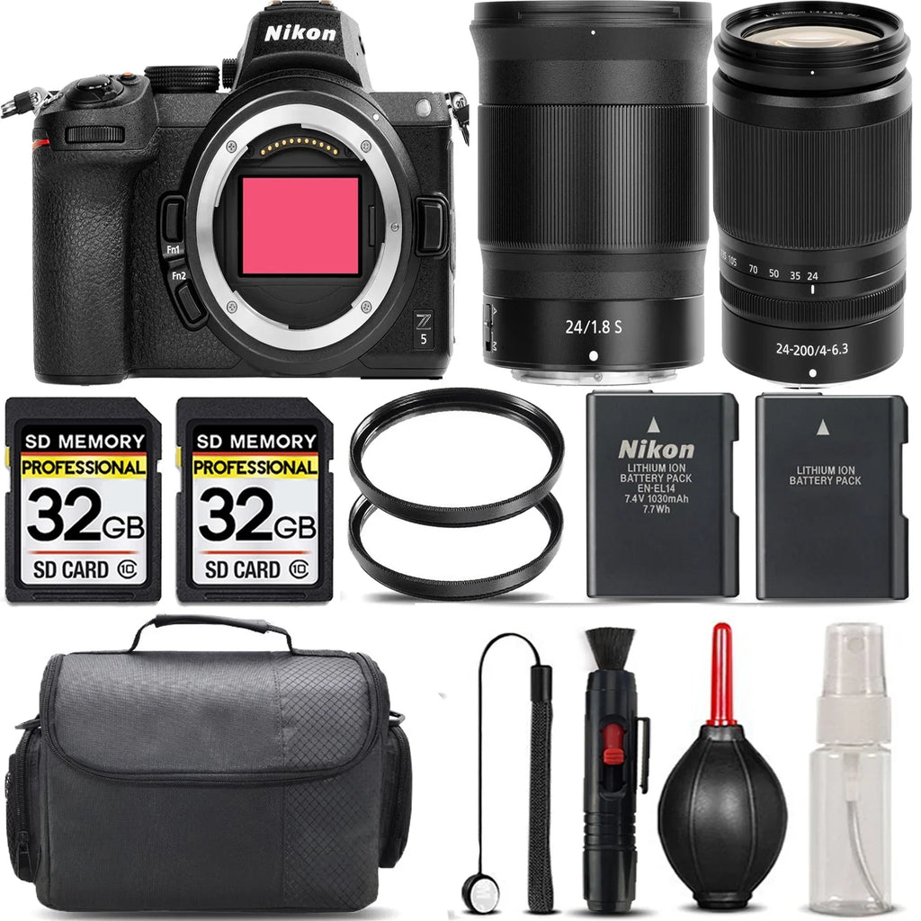 Nikon Z5 Mirrorless with 24-200mm f/4-6.3 VR Lens + 24mm f/1.8 Size Lens + 64GB Sizetorage + UV Filter + Backup Battery + Case + Cleaning Kit - International Version