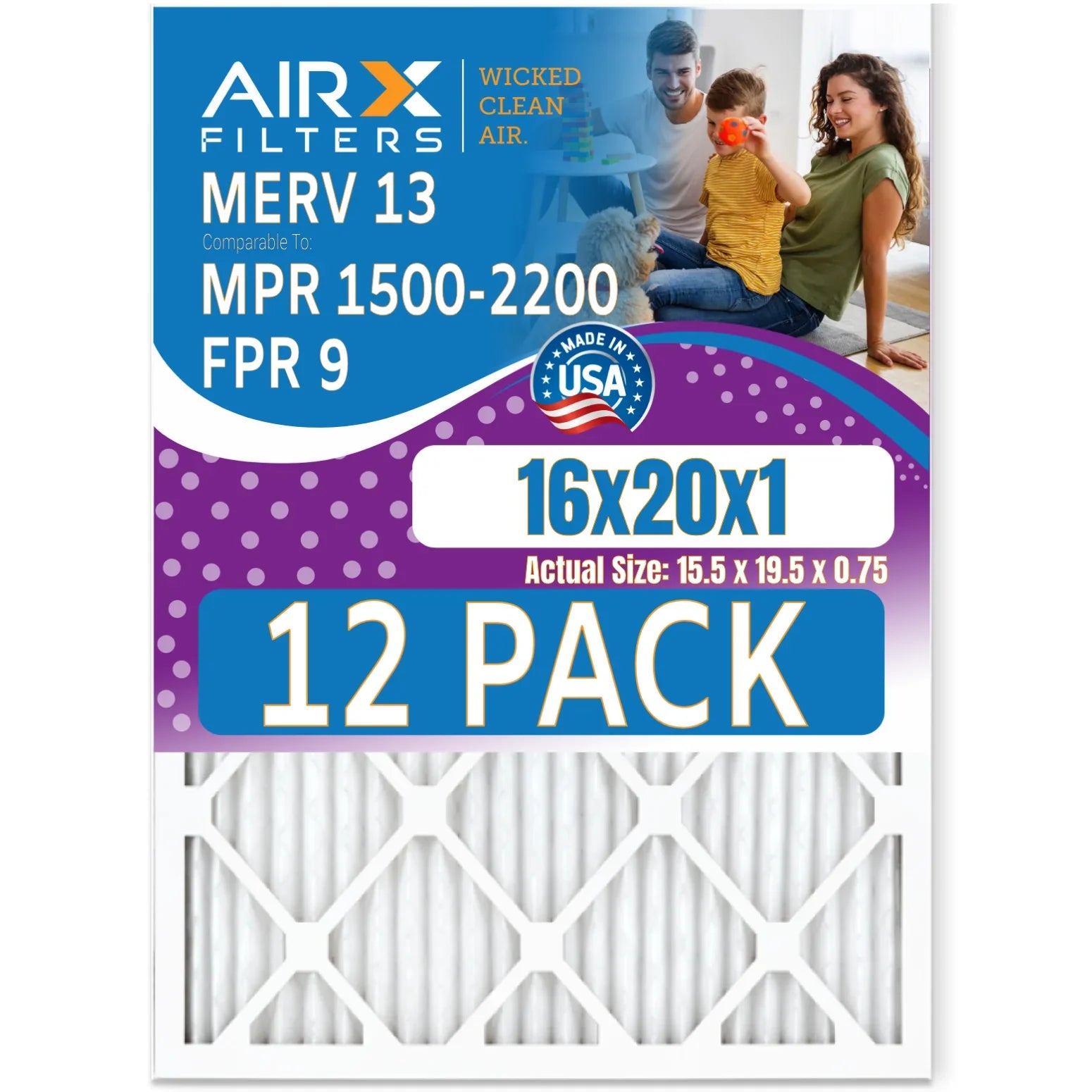 16x20x1 Air Filter MERV 13 Rating, 12 Pack of Furnace Filters Comparable to MPR 1500 - 2200 & FPR 9 - Made in USizeA by AIRX FILTERSize WICKED CLEAN AIR.