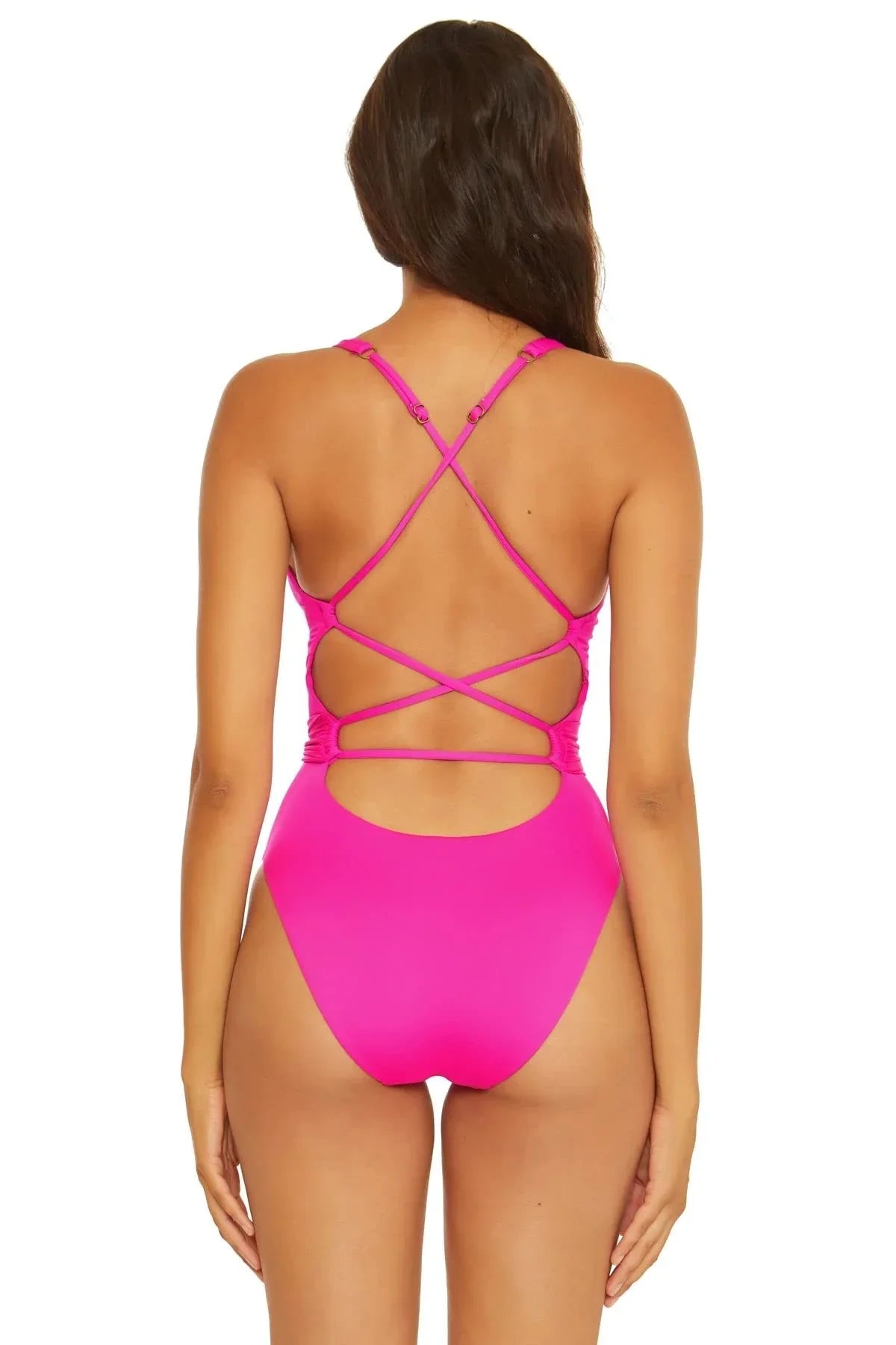 Becca by Rebecca Virtue Sizeantorini Kali Belted One-Piece Pink Flambe MD