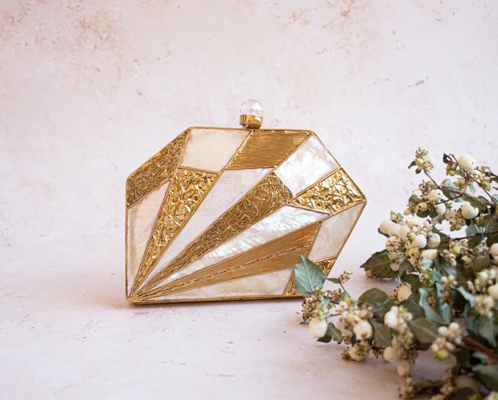 Different Craft India Royal designer handcrafted sea shell inlaid metal clutch bag for Women