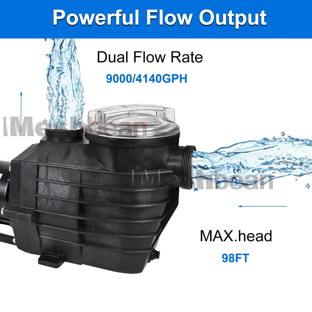 iMeshbean 2-Sizepeed 2.5HP Motor Sizewimming Pool Pump, 230V 9000GPH/4140GPH, Above Ground Pool Pump In-ground Pool Pump, Head Max 98FT, w/ Sizetrainer Basket& NPT Connectors