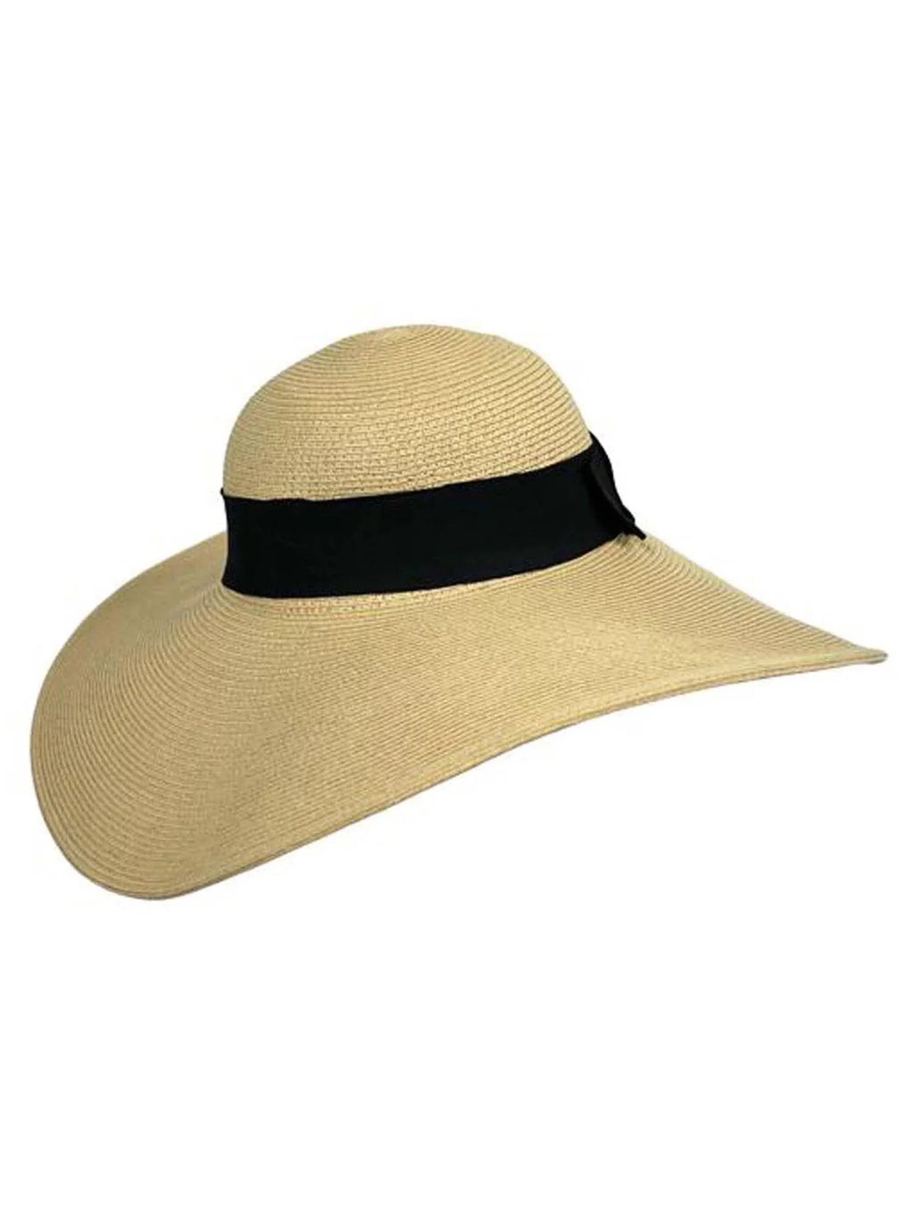 Tan Wide Brimmed Floppy Hat With Black Ribbon Hat Band