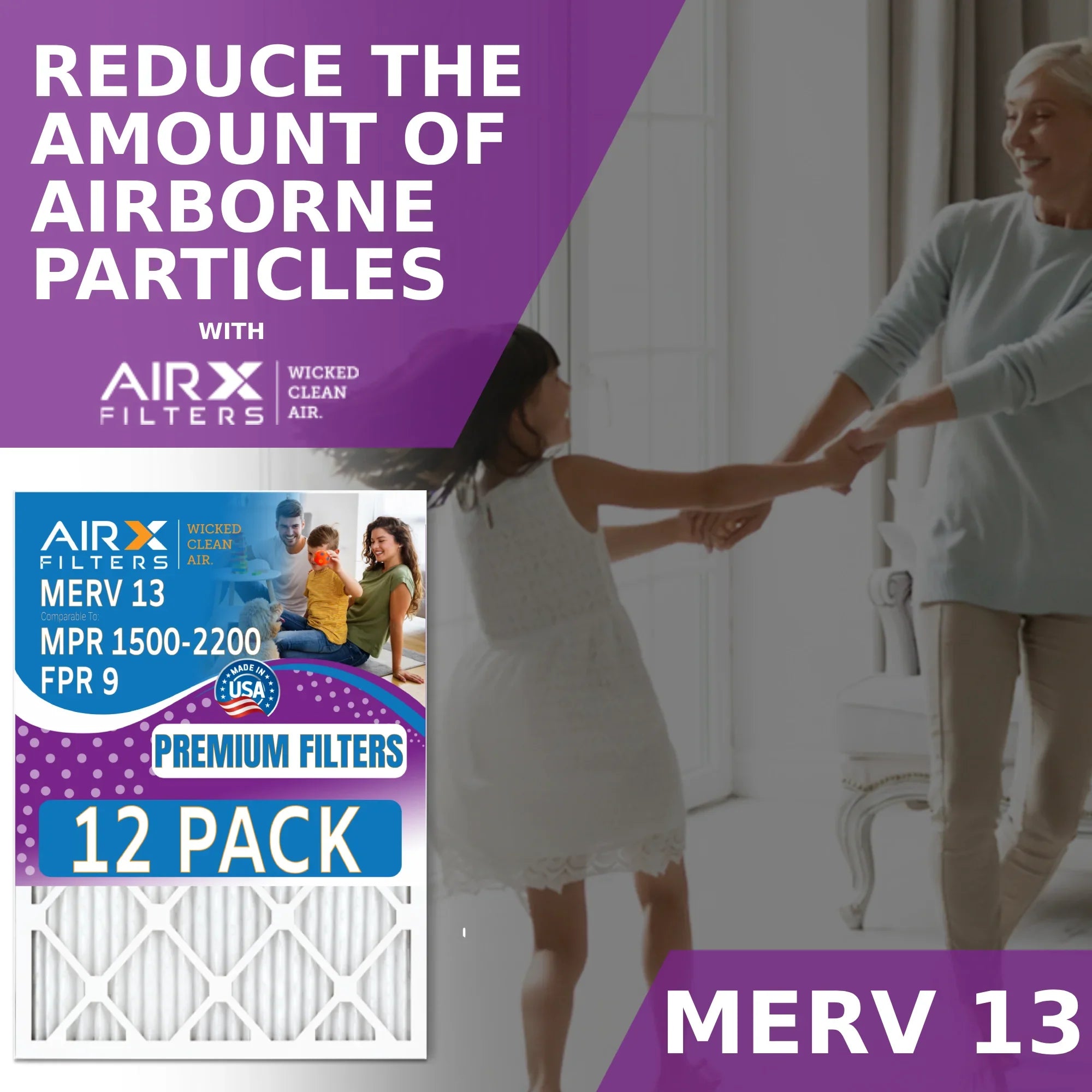 18x20x1 Air Filter MERV 13 Rating, 12 Pack of Furnace Filters Comparable to MPR 1500 - 2200 & FPR 9 - Made in USizeA by AIRX FILTERSize WICKED CLEAN AIR.