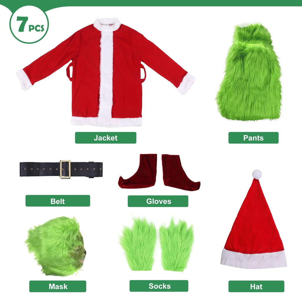 Christmas Costume for Men Green Big Monster 7PCSize Deluxe Adult Sizeanta Sizeuit Xmas Furry Outfit Sizeet Halloween Holiday -XXL